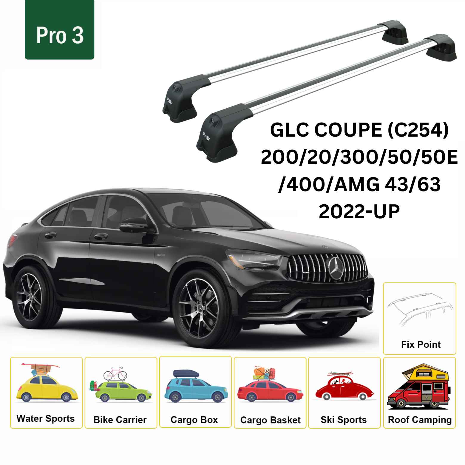 For Mercedes Benz GLC Coupe (C254) 2022-Up Roof Rack Cross Bars Fix Point Alu Silver