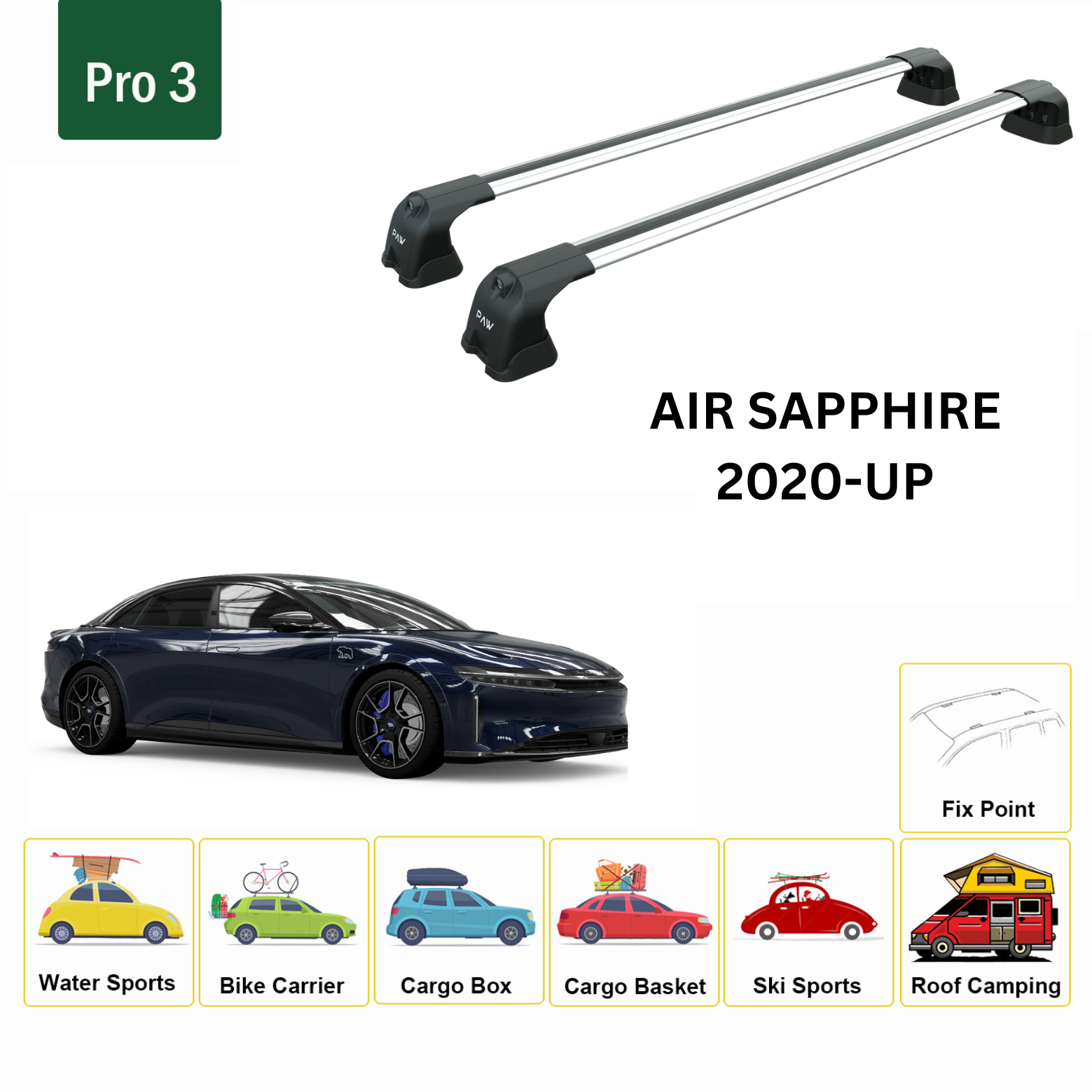 For Lucid Air Sapphire 2020-Up Roof Rack Cross Bars Fix Point Alu Silver - 0