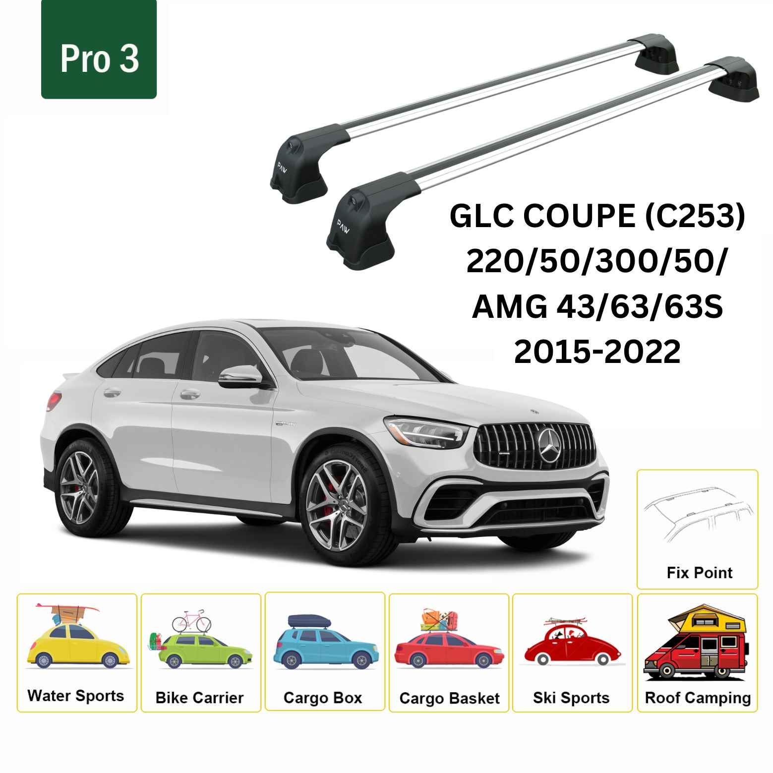 For Mercedes Benz GLC Coupe (C253) 2015-22 Roof Rack Cross Bars Fix Point Alu Silver - 0