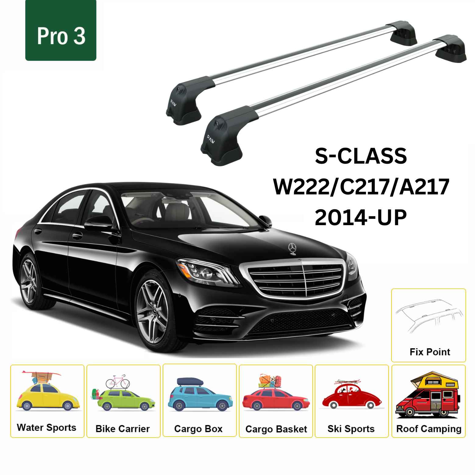 For Mercedes Benz S-Class W222/C217/A217 2014-UP Roof Rack Cross Bars Metal Bracket Fix Point Alu Black - 0