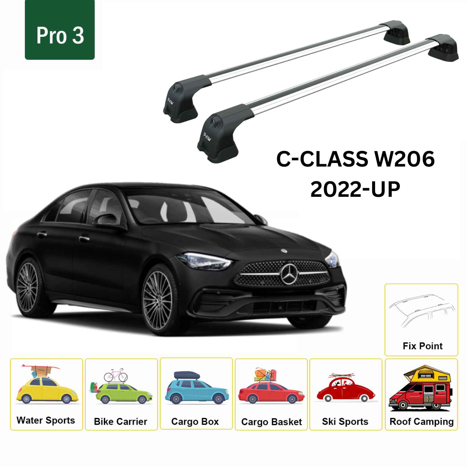For Mercedes Benz C W206 2022-Up Roof Rack Cross Bars Fix Point Alu Silver