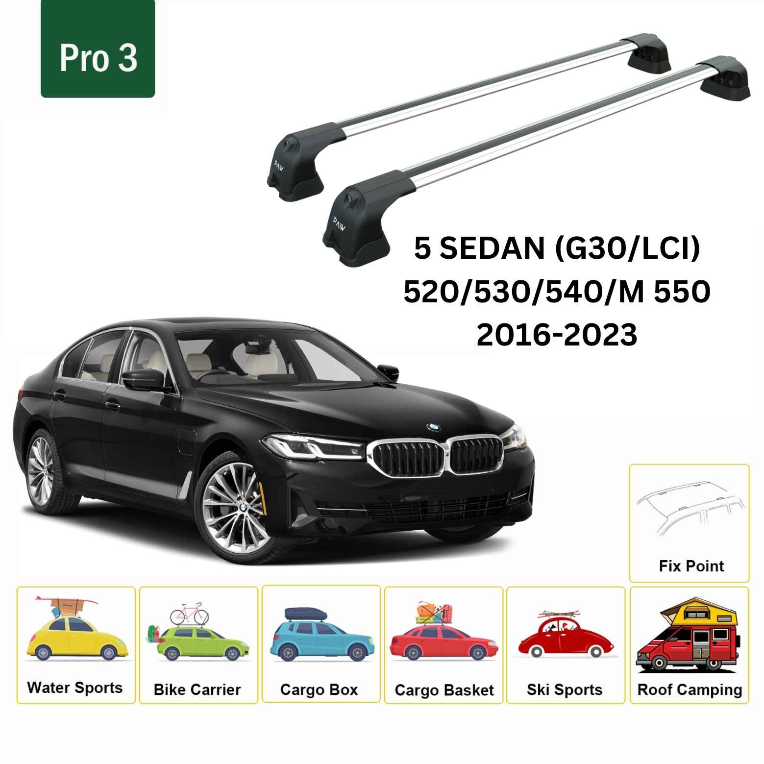 For BMW 5 Sedan (G30/LCI) 2016-23 Roof Rack Cross Bars Fix Point Alu Silver