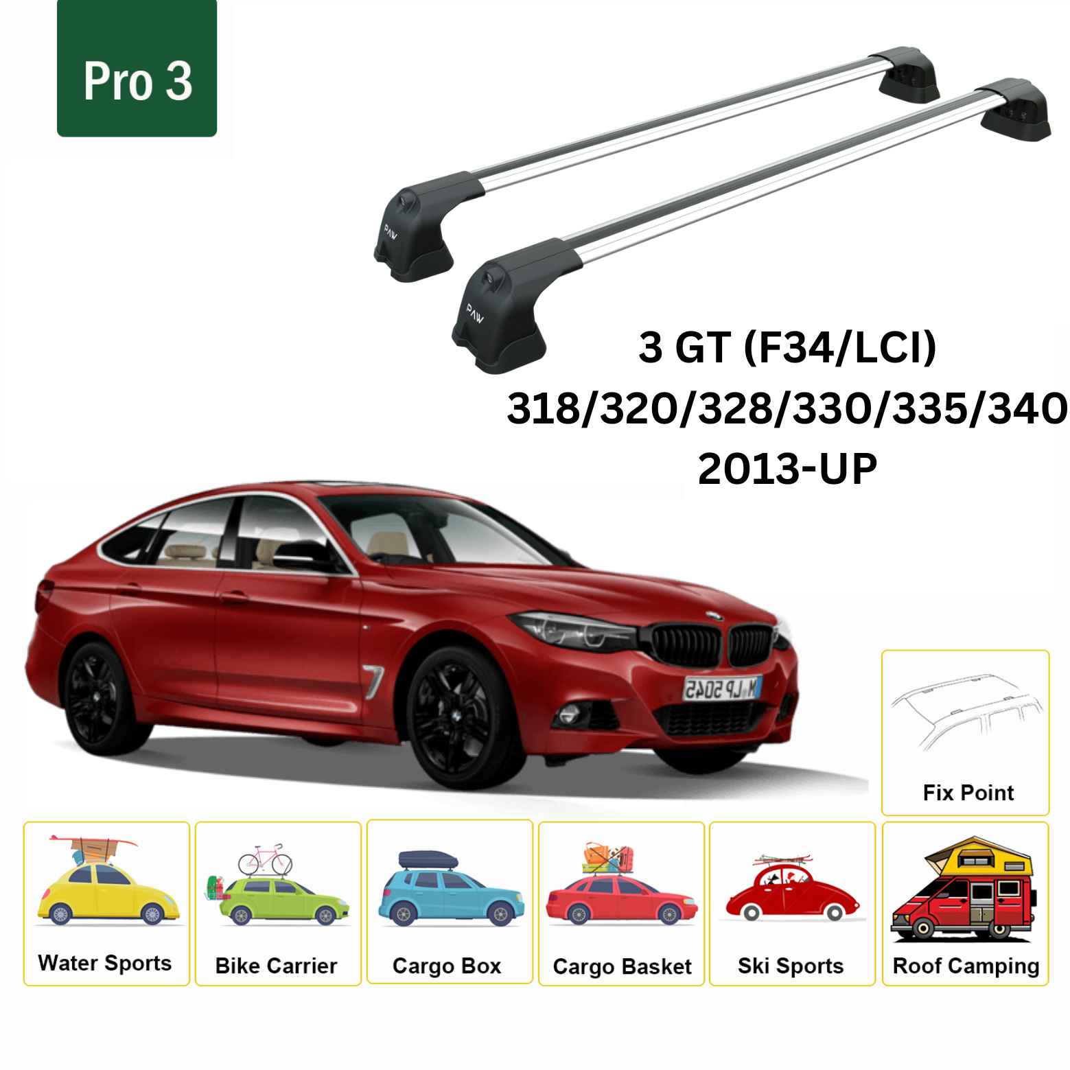 For BMW 3 GT (F34/LCI) 2013-Up Roof Rack Cross Bars Fix Point Alu Silver