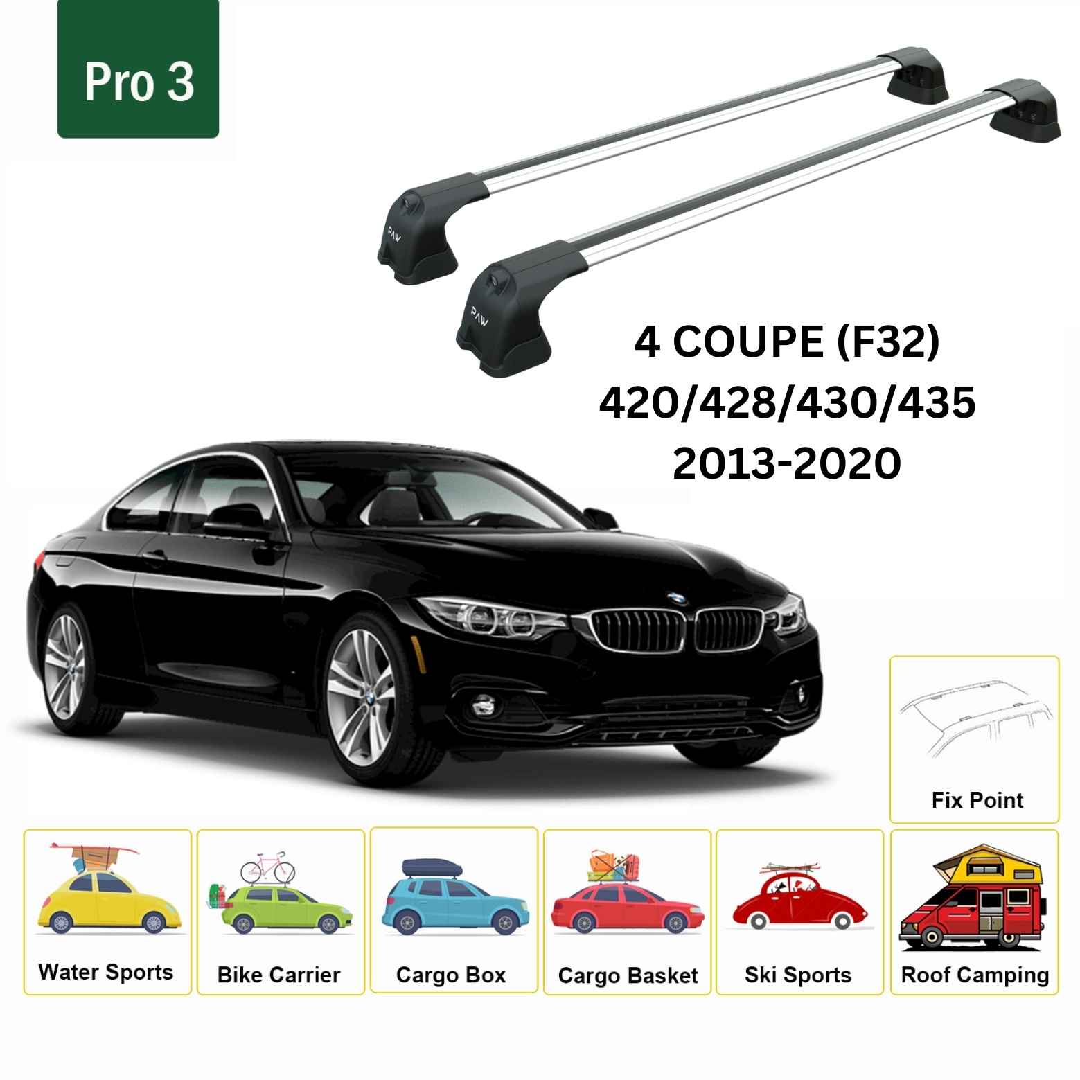 For BMW 4 Coupe (F32) 2013-20 Roof Rack Cross Bars Fix Point Alu Silver - 0