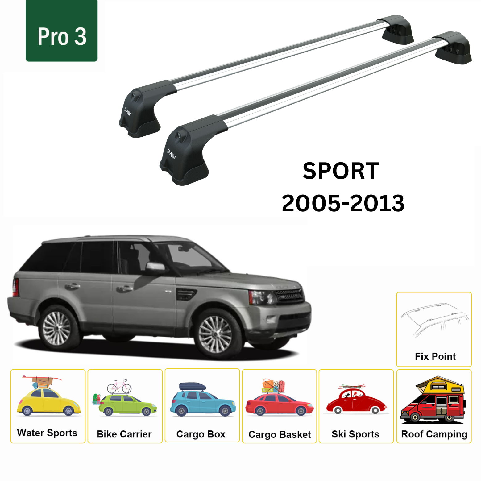 For Land Rover Range Rover Sport (L320) 2005-13 Roof Rack Cross Bars Fix Point Roof Alu Silver