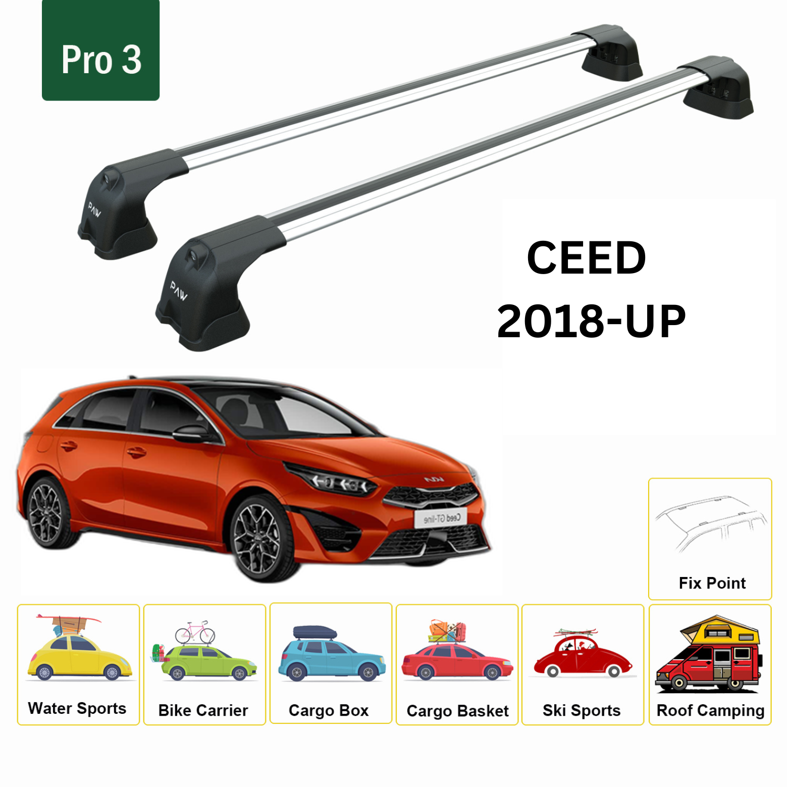 For Kia Ceed 2018-Up Roof Rack Cross Bars Fix Point Alu Silver - 0