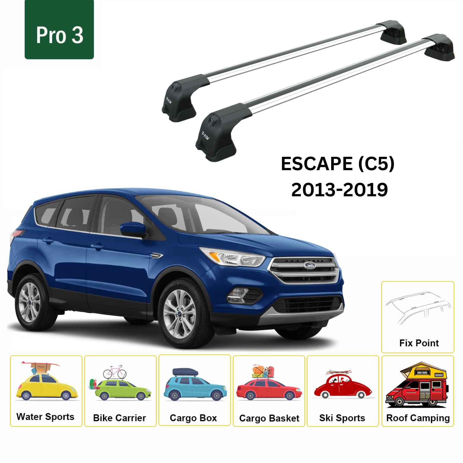 For Ford Escape (C5) 2013-19 Roof Rack Cross Bars Fix Point Alu Silver - 0