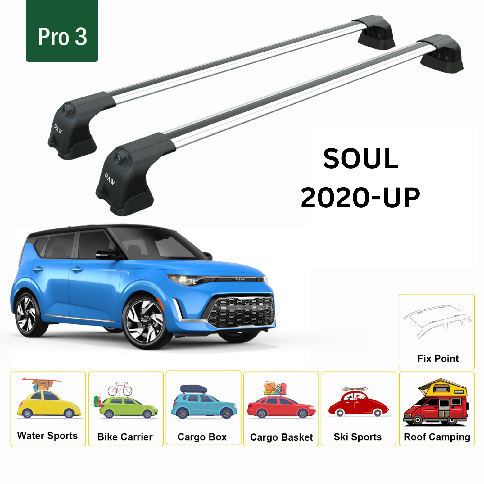 For Kia Soul Premium 2020-Up Roof Rack Cross Bars Fix Point Alu Silver - 0