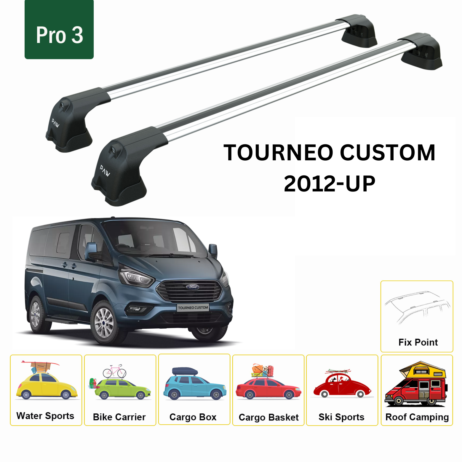 For Ford Tourneo Custom 2012-Up Roof Rack Cross Bars Fix Point Alu Silver