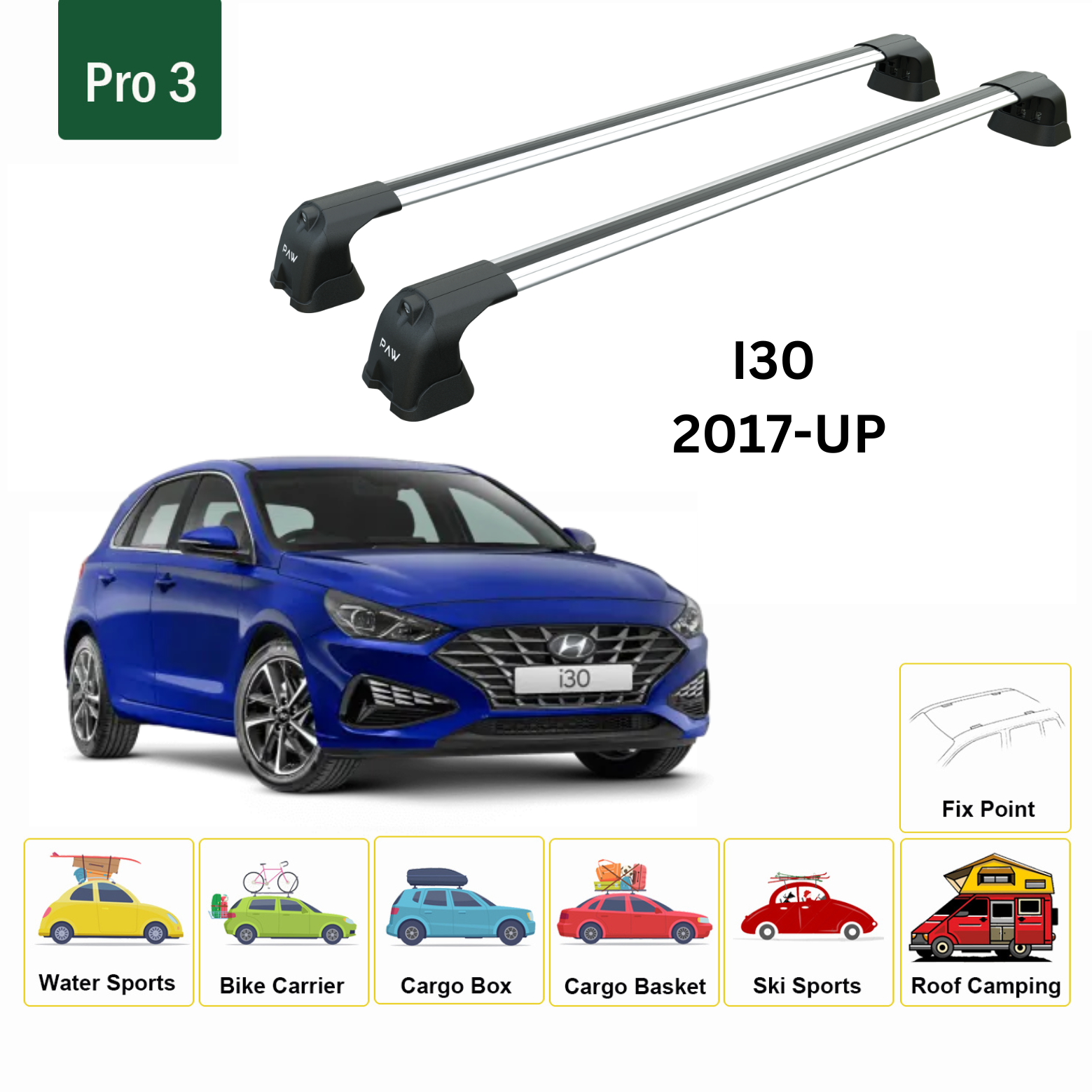 For Hyundai i30 2017-Up Roof Rack Cross Bars Metal Bracket Fix Point Alu Silver-2