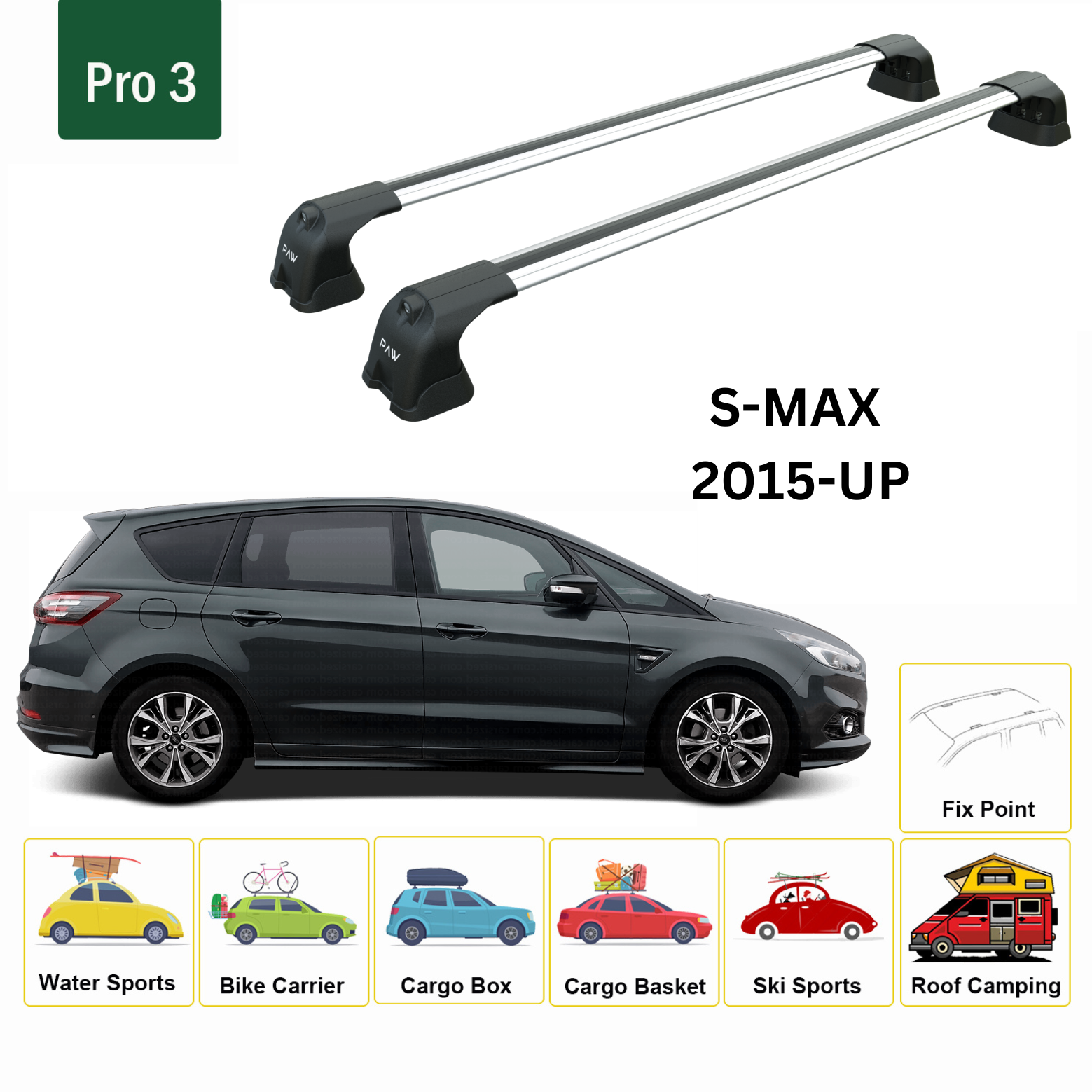 For Ford S-Max (CD539) 2015-Up Roof Rack Cross Bars Fix Point Alu Silver