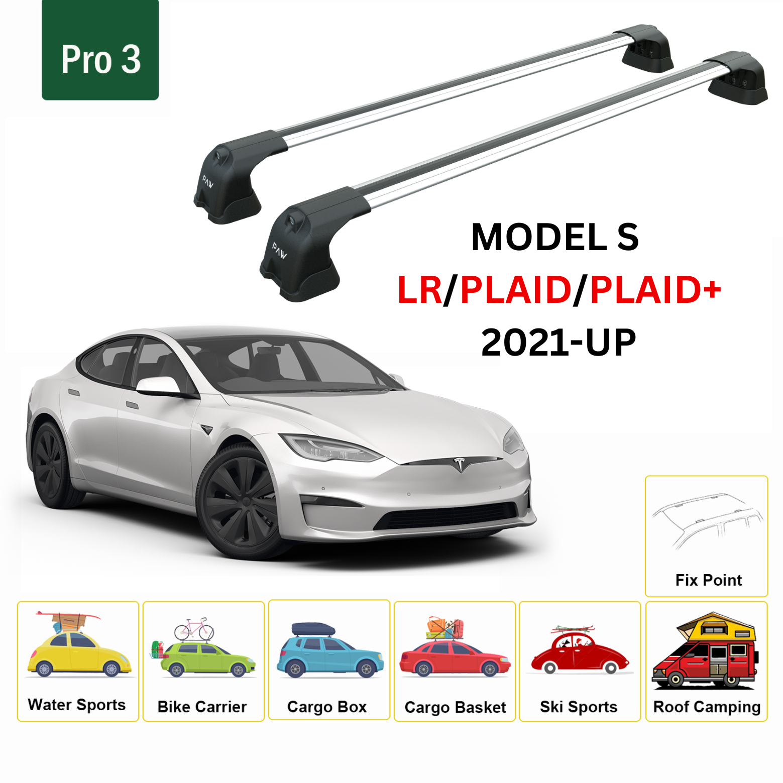 For Tesla Model S 2021-UP Roof Rack Cross Bars Metal Bracket Fix Point Alu Silver - 0