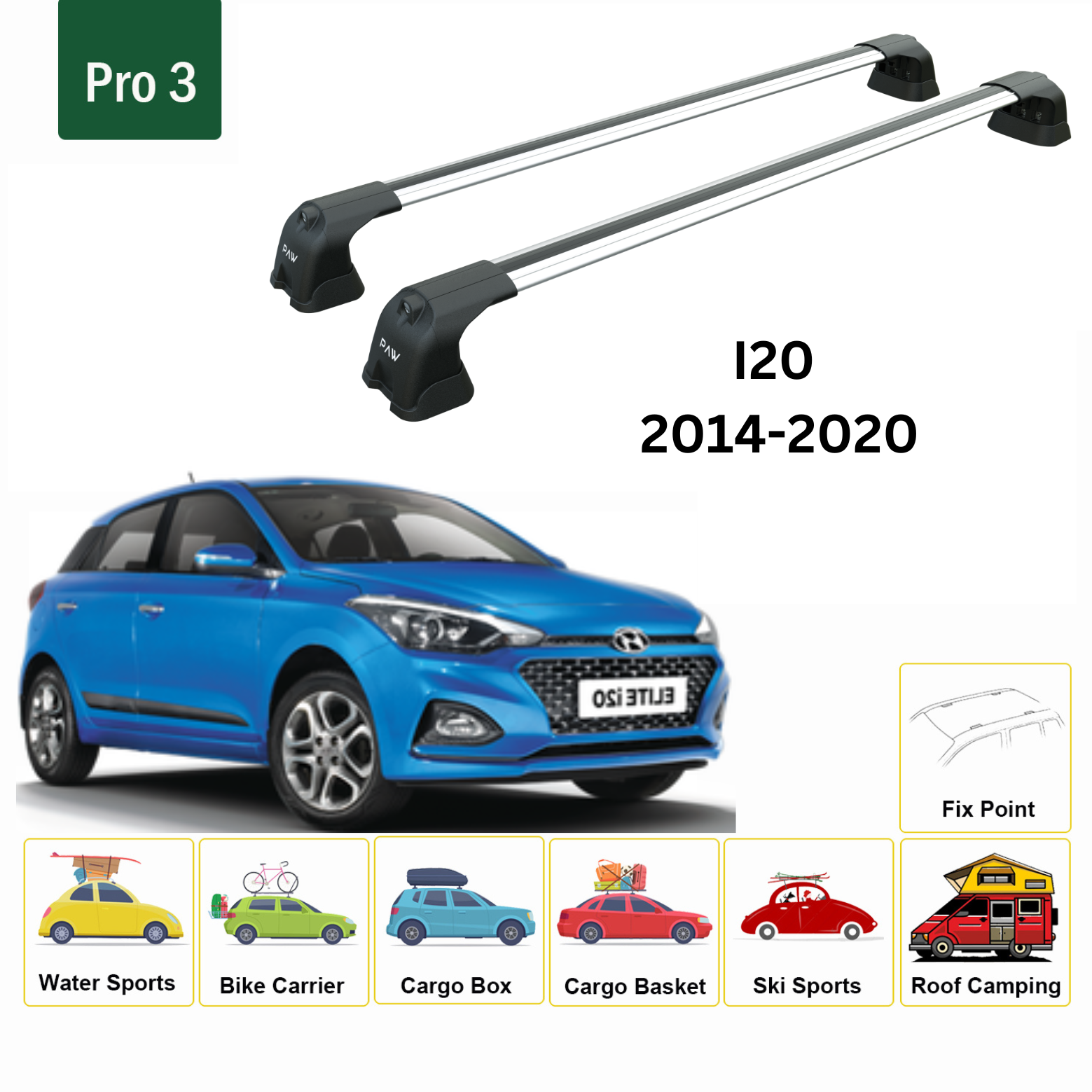 Für Hyundai i20 2014–2020 Dachträgersystem, Aluminium-Querstange, Metallhalterung, abschließbar, Silber