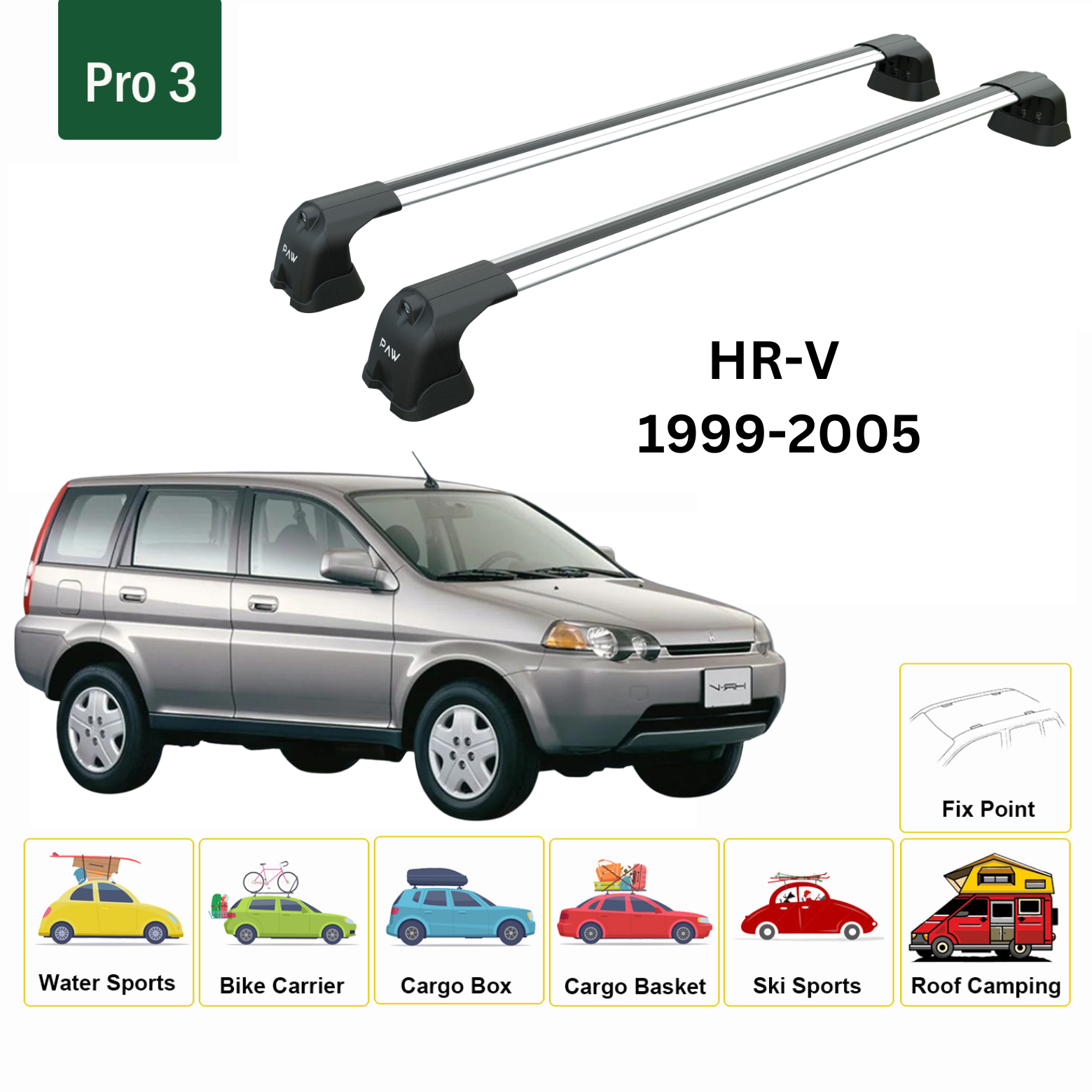 For Honda HR-V 1999-05 Roof Rack Cross Bars Metal Bracket Fix Point Alu Silver
