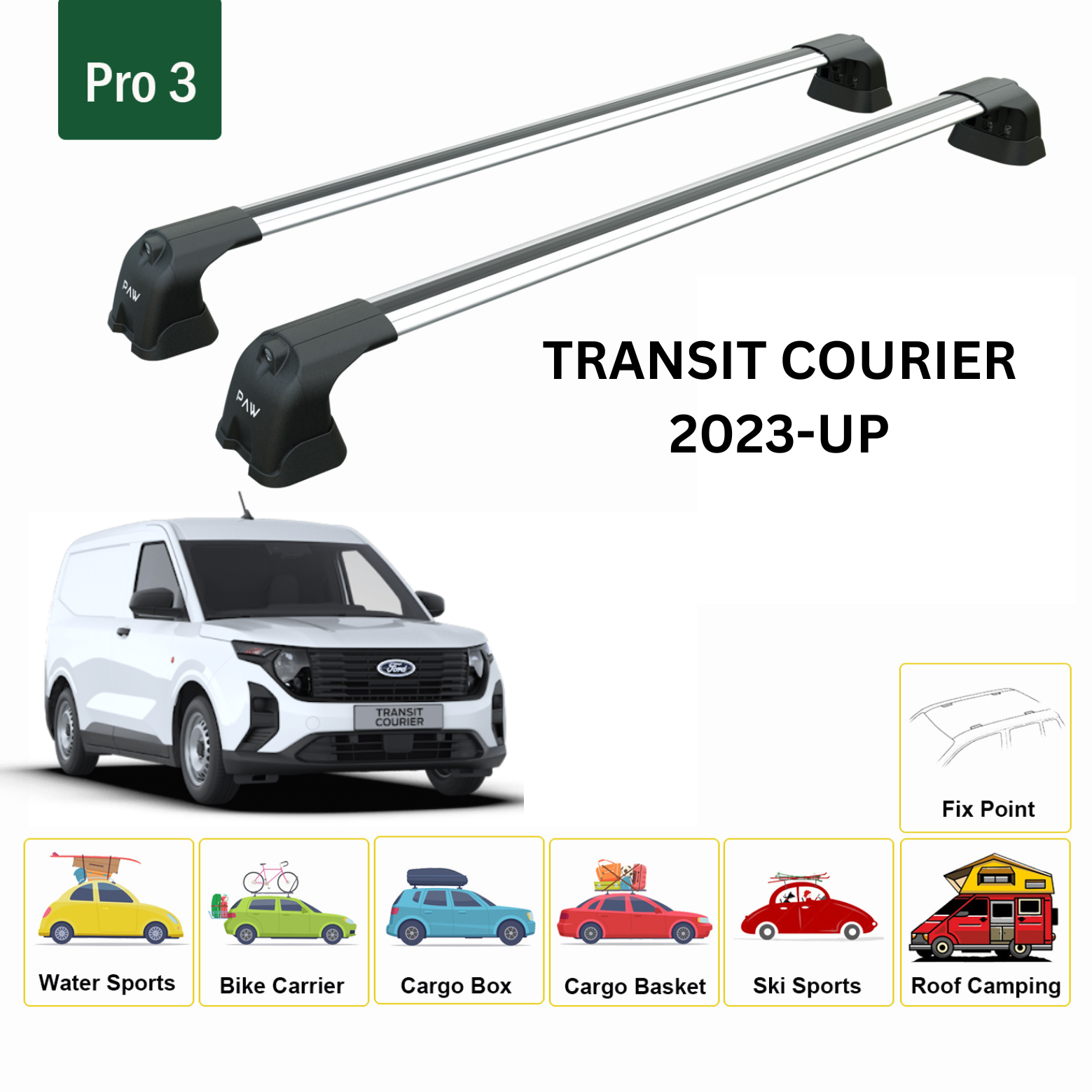 For Ford Transit Courier 2023-Up Roof Rack Cross Bars Fix Point Alu Silver - 0