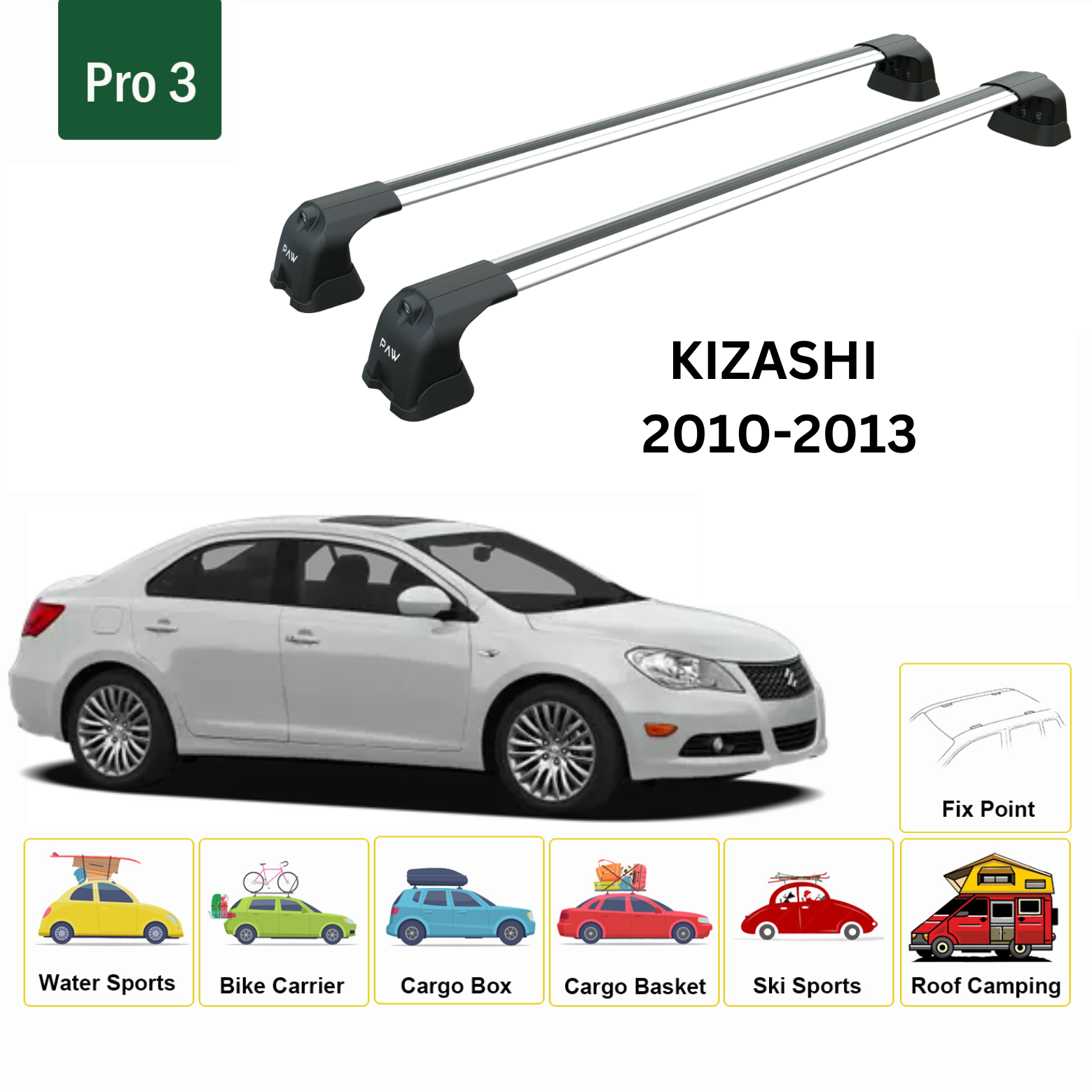 Für Suzuki Kizashi 2010–2013, Dachträgersystem, Träger, Querträger, Aluminium, abschließbar, hochwertige Metallhalterung, silberfarben - 0