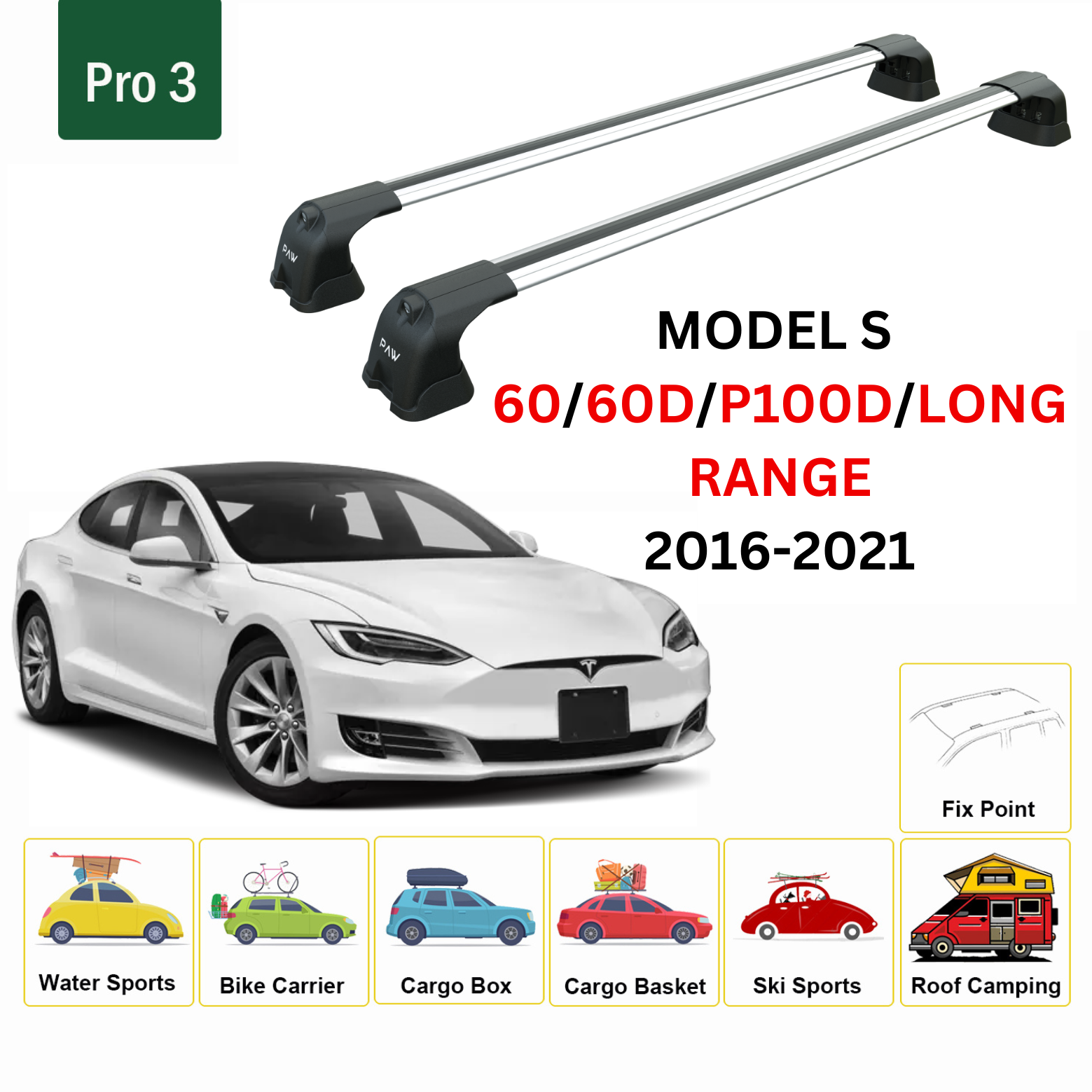 For Tesla Model S 2016-2021 Roof Rack Cross Bars Metal Bracket Fix Point Alu Silver - 0