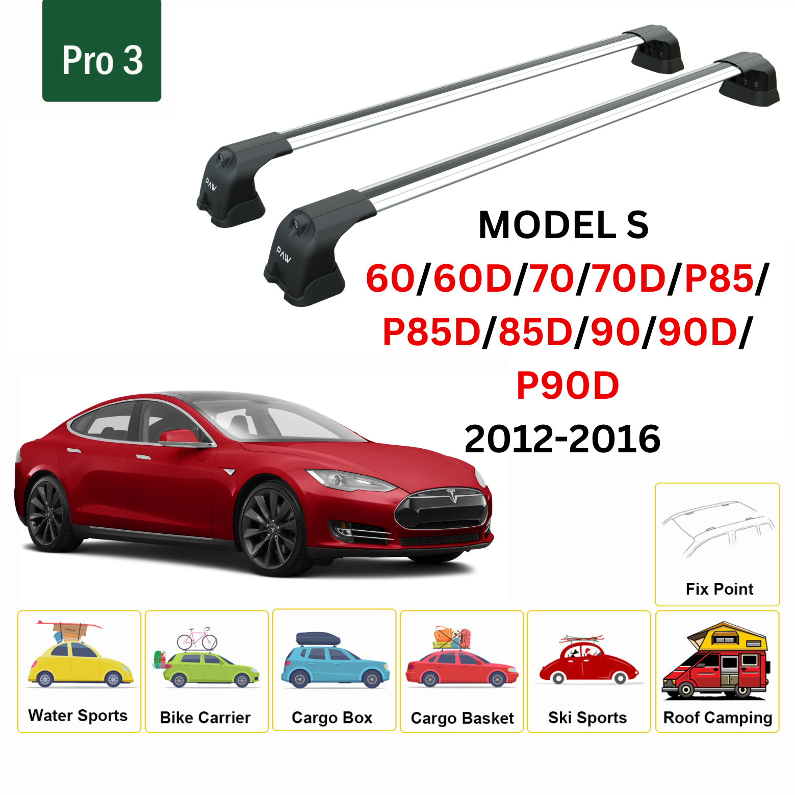 For Tesla Model S 2012-2016 Roof Rack Cross Bars Metal Bracket Fix Point Alu Silver - 0