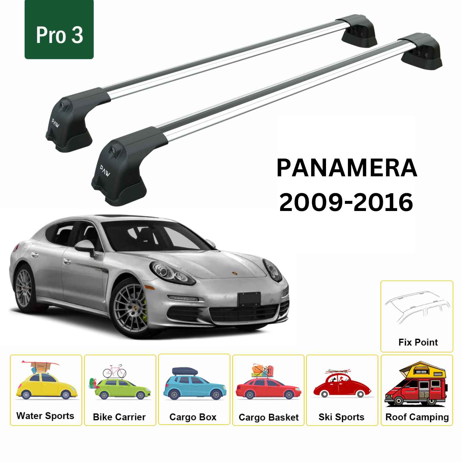 For Porsche Panamera 2009-16 Roof Rack Cross Bars Fix Point Alu Silver