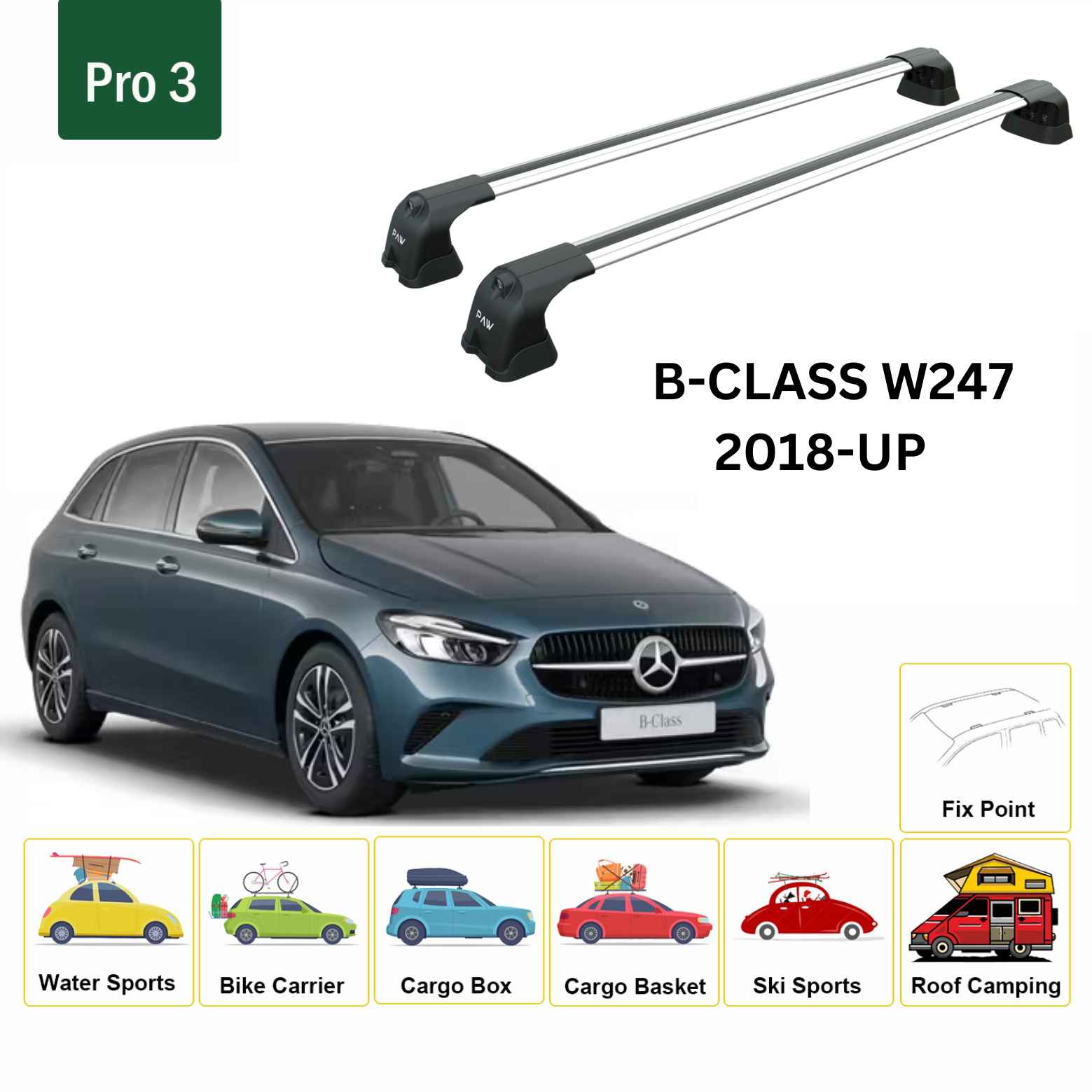 For Mercedes Benz B W247 2018-Up Roof Rack Cross Bars Fix Point Alu Silver