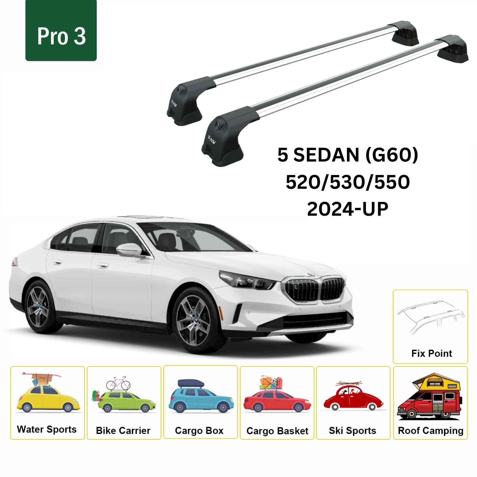 For BMW 5 Sedan (G60) 2024-Up Roof Rack Cross Bars Fix Point Alu Silver - 0