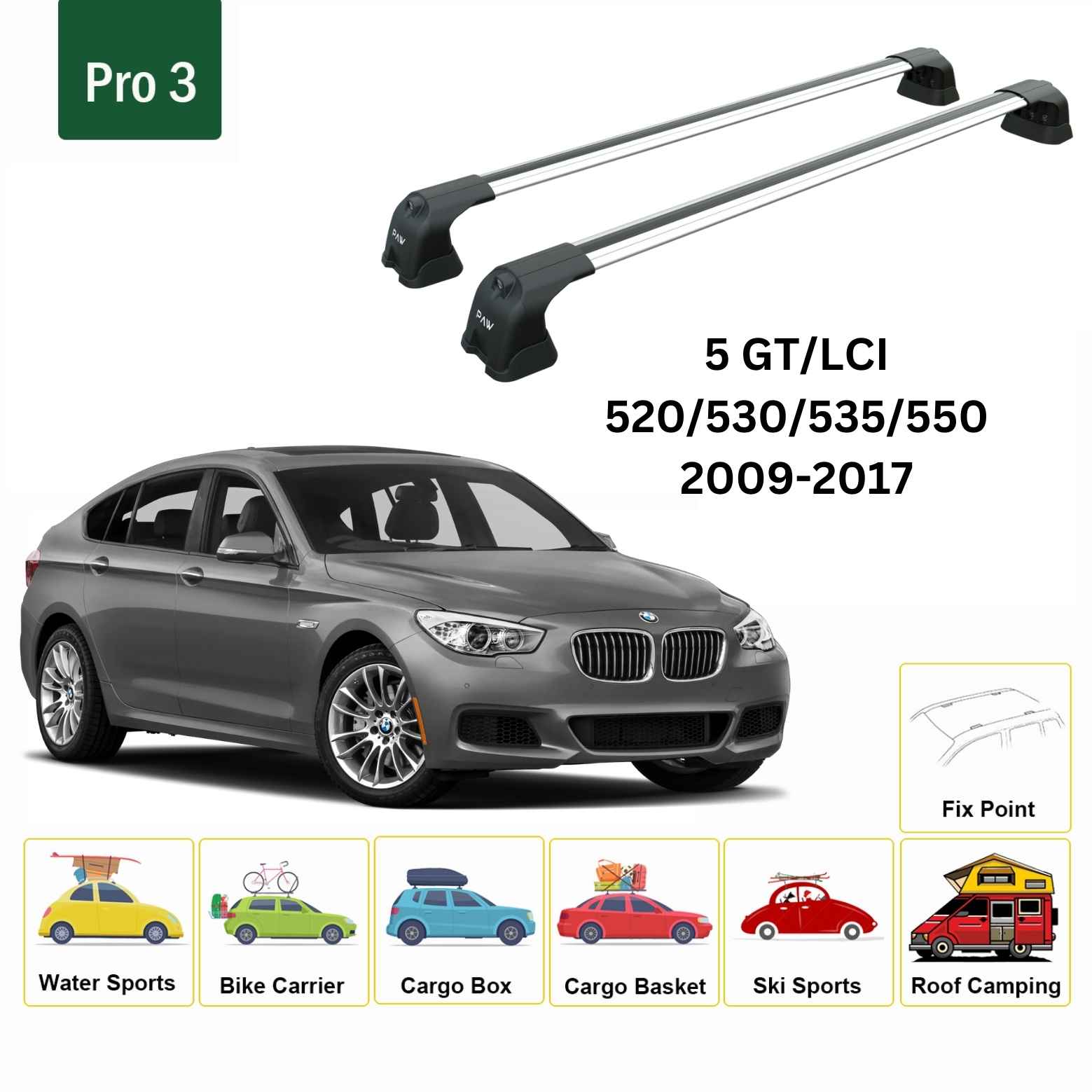 For BMW 5 F07 Roof Rack Cross Bars Fix Point Alu Silver 2009-17