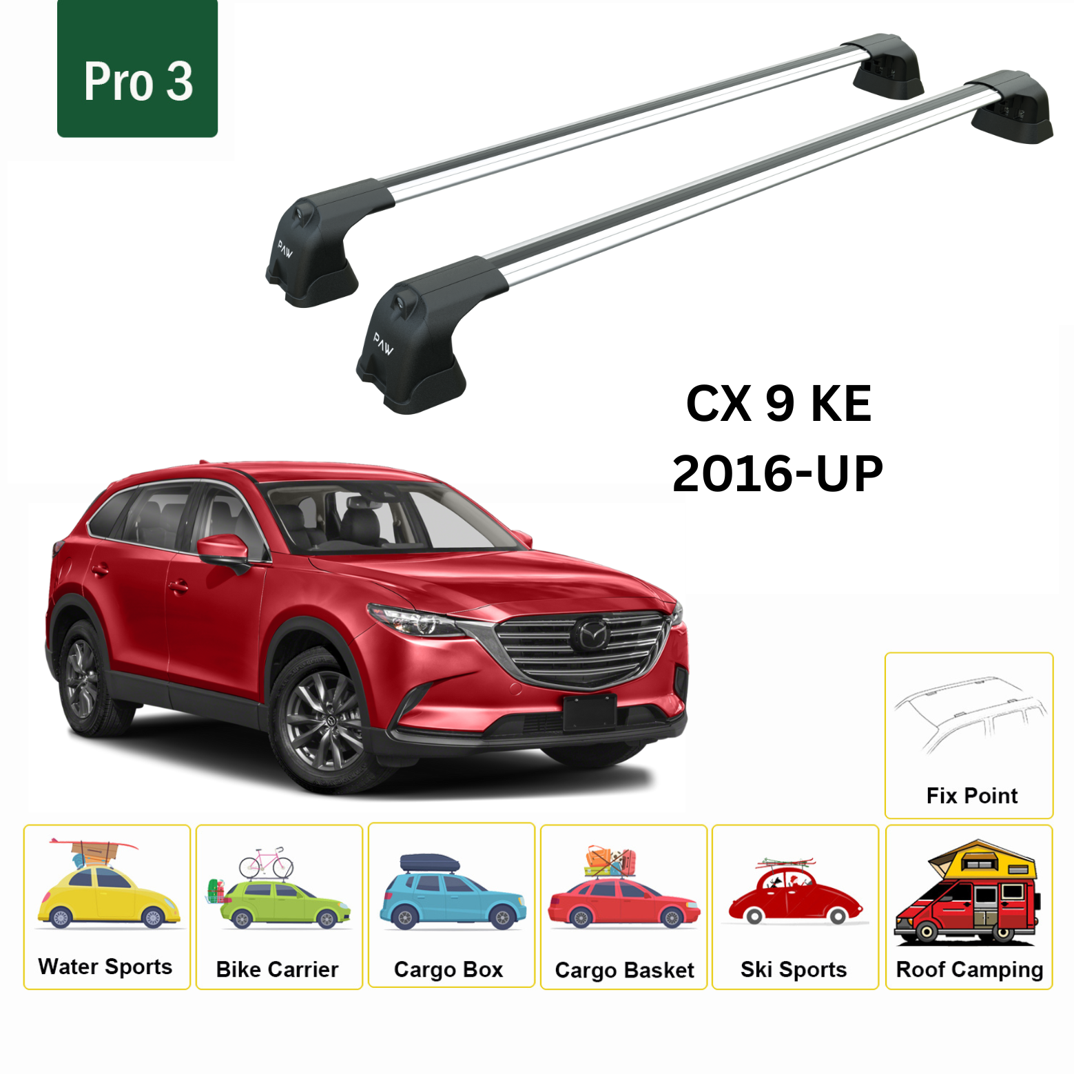 For Mazda CX-9 TC 2016-Up Roof Rack Cross Bars Flush Rail Alu Silver