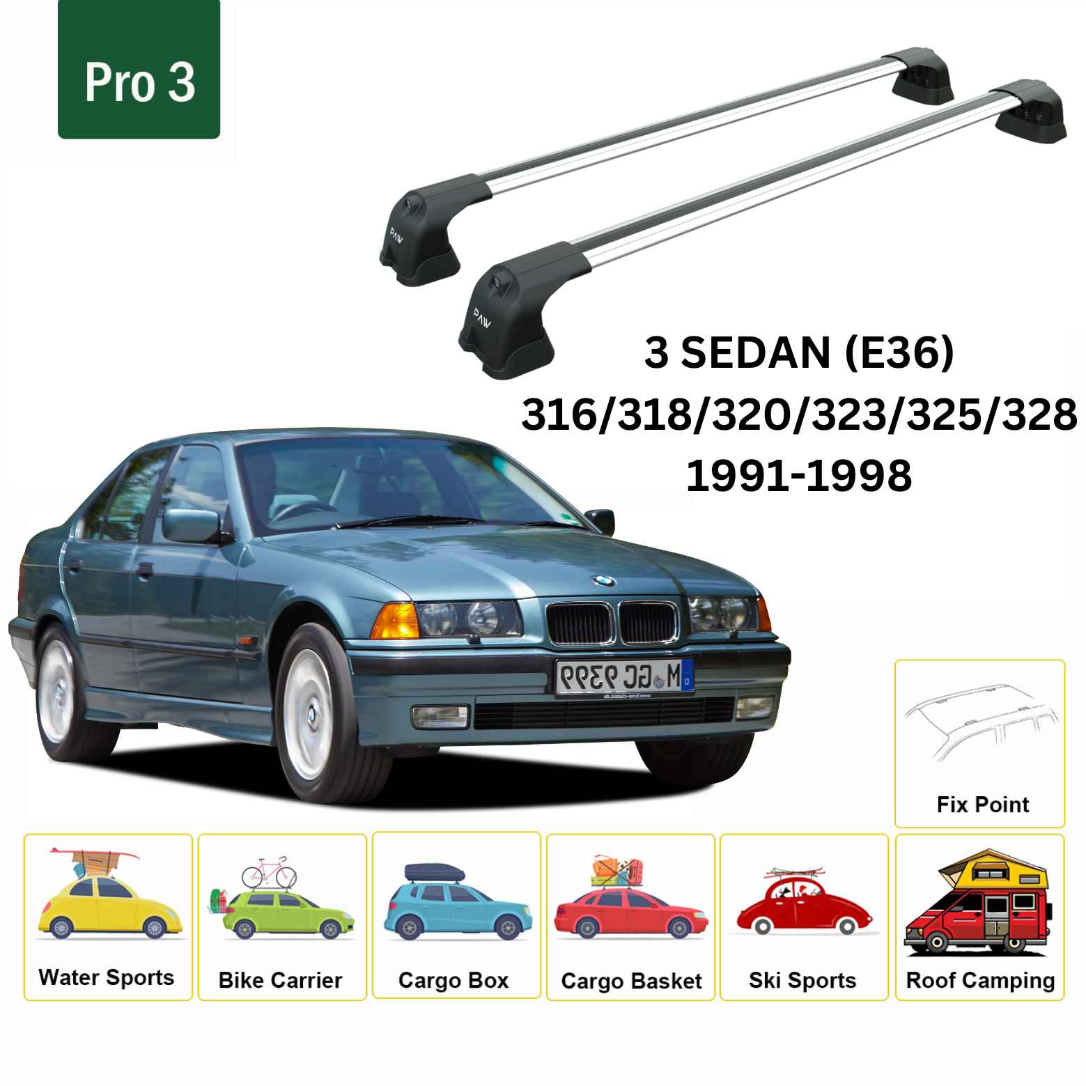 For BMW 3 Sedan (E36) 1991-98 Roof Rack Cross Bars Fix Point Alu Silver