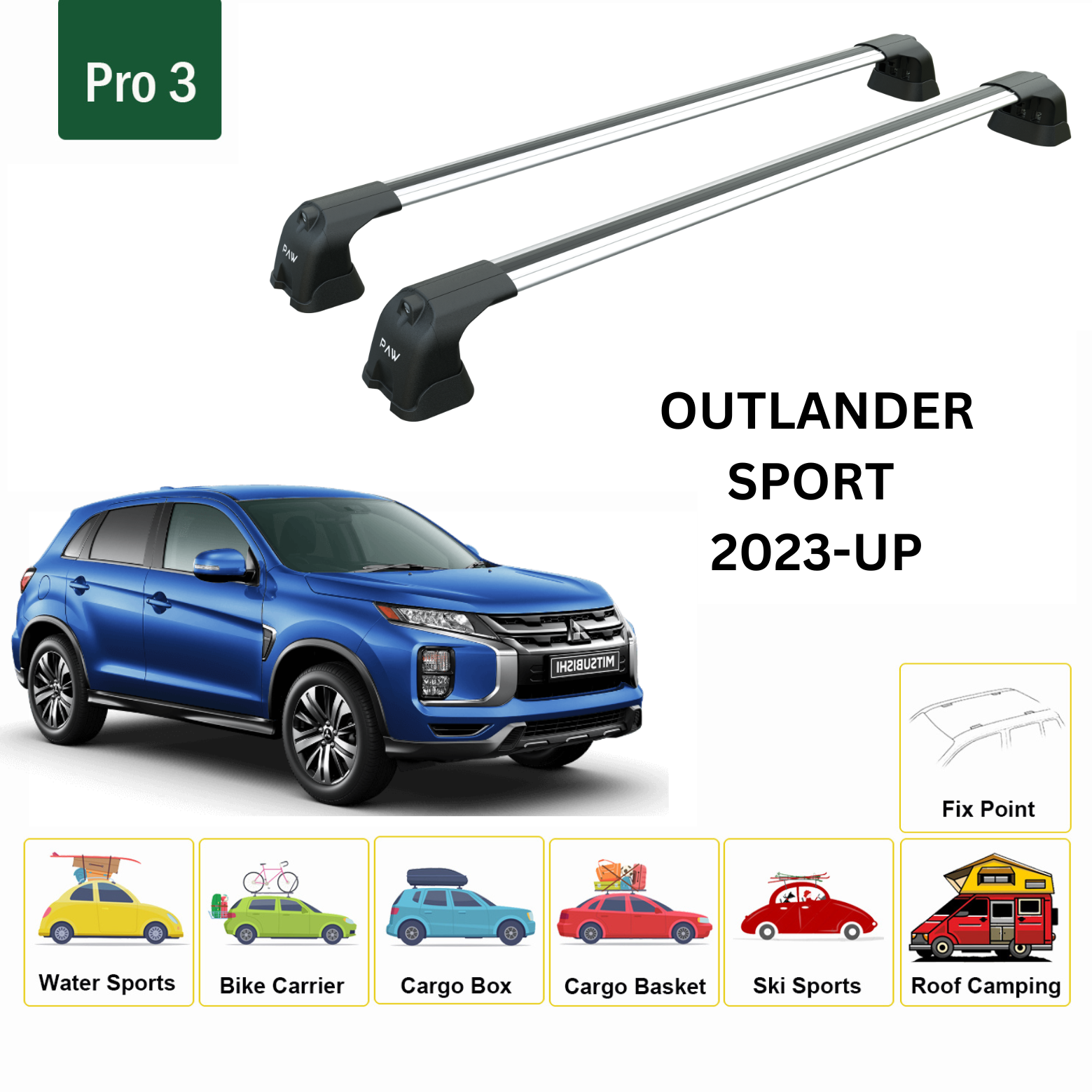 For Mitsubishi Outlander Sport 2022-Up Roof Rack Cross Bars Fix Point Alu Silver