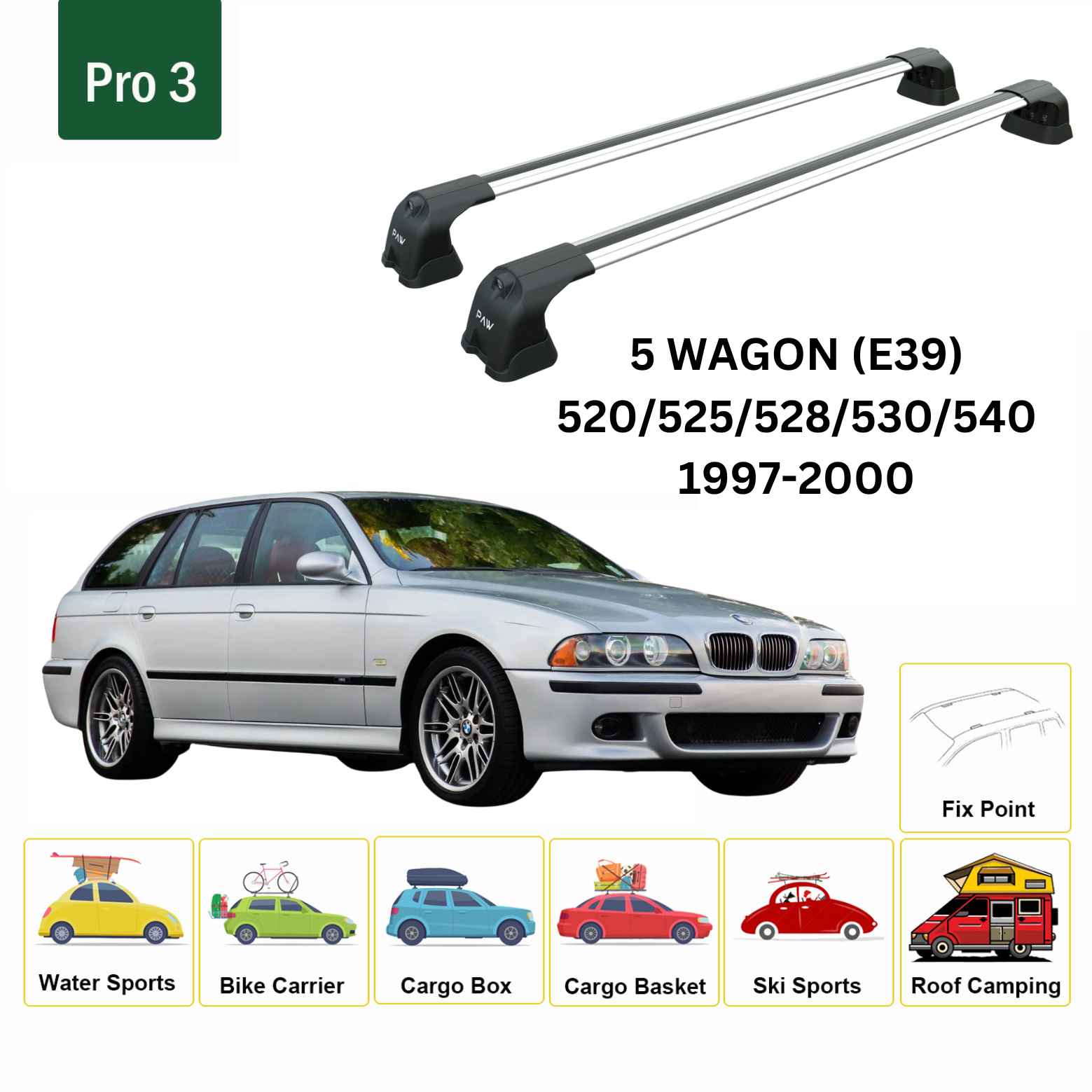 For Bmw 5 Wagon (E39) 1997-00 Roof Rack Cross Bars Fix Point Alu Silver - 0