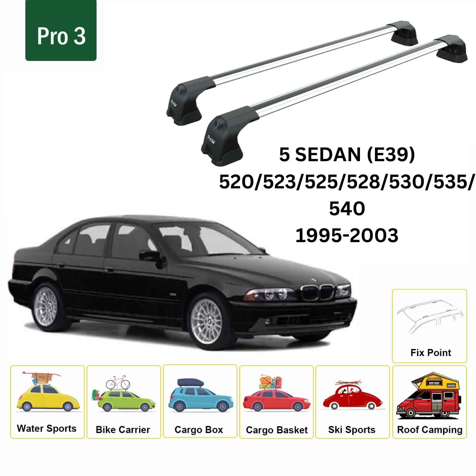 For BMW 5 Sedan (E39) 1995-03 Roof Rack Cross Bars Fix Point Alu Silver - 0