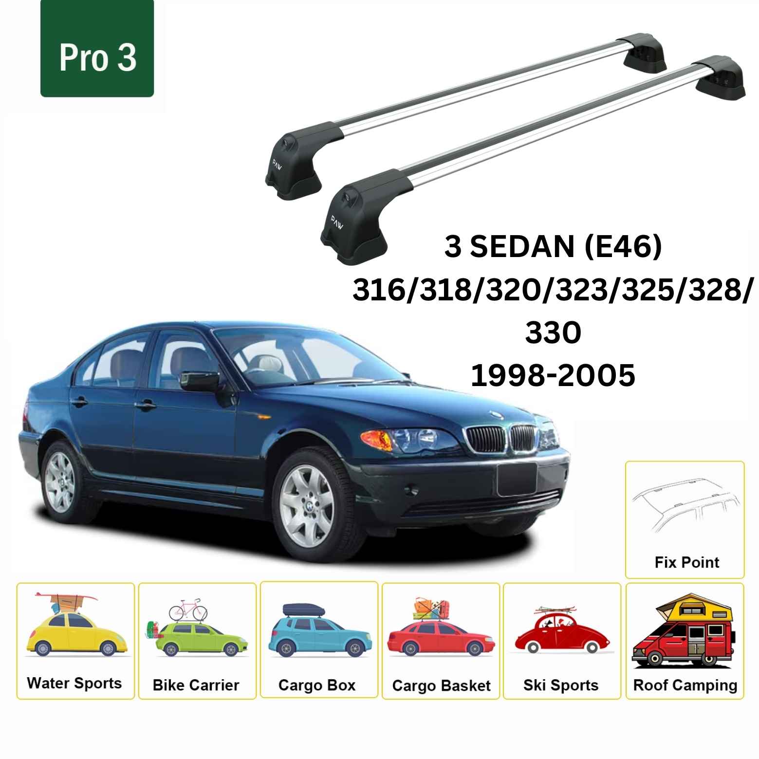 For BMW 3 Sedan (E46) 1998-05 Roof Rack Cross Bars Fix Point Alu Silver - 0