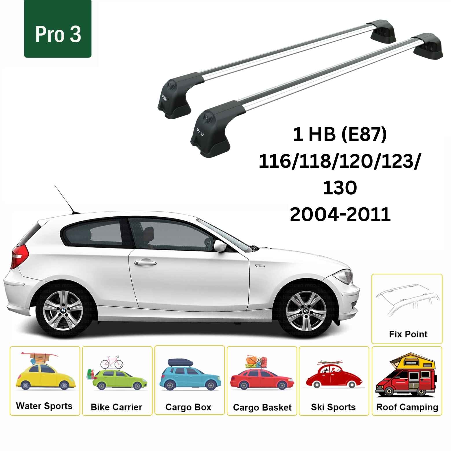 For BMW 1 (E87) 2004-11 Roof Rack Cross Bars Fix Point Alu Silver