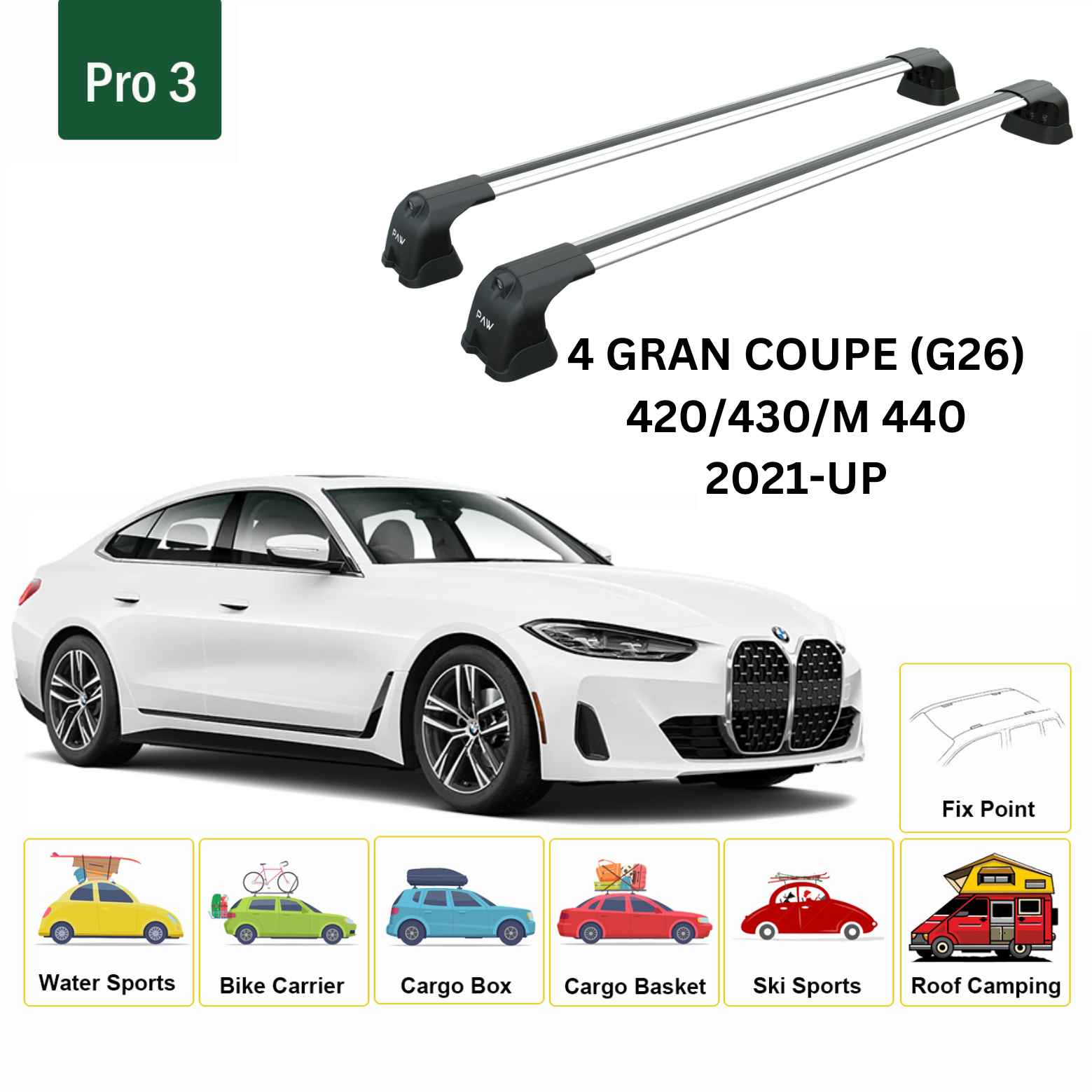 For BMW 4 Gran Coupe (G26) 2021-Up Roof Rack Cross Bars Fix Point Alu Silver - 0