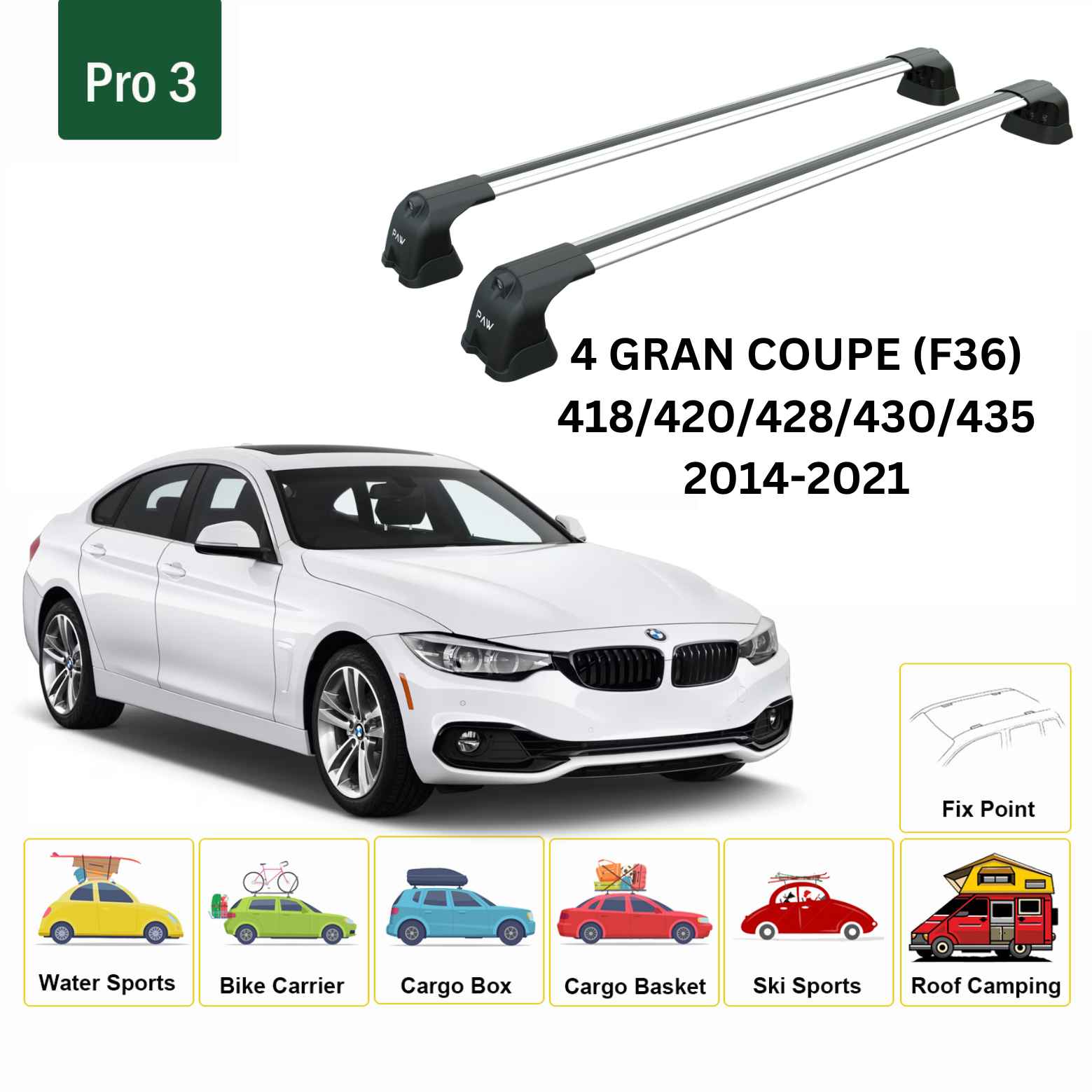For BMW 4 Gran Coupe (F36) 2014-21 Roof Rack Cross Bars Fix Point Alu Silver - 0
