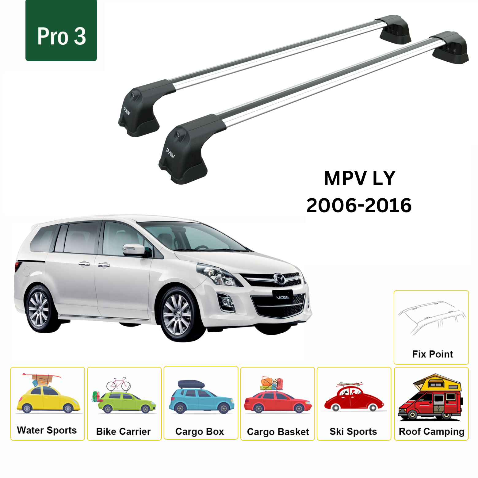For Mazda MPV LY 2006-16 Roof Rack Cross Bars Metal Bracket Fix Point Alu Silver