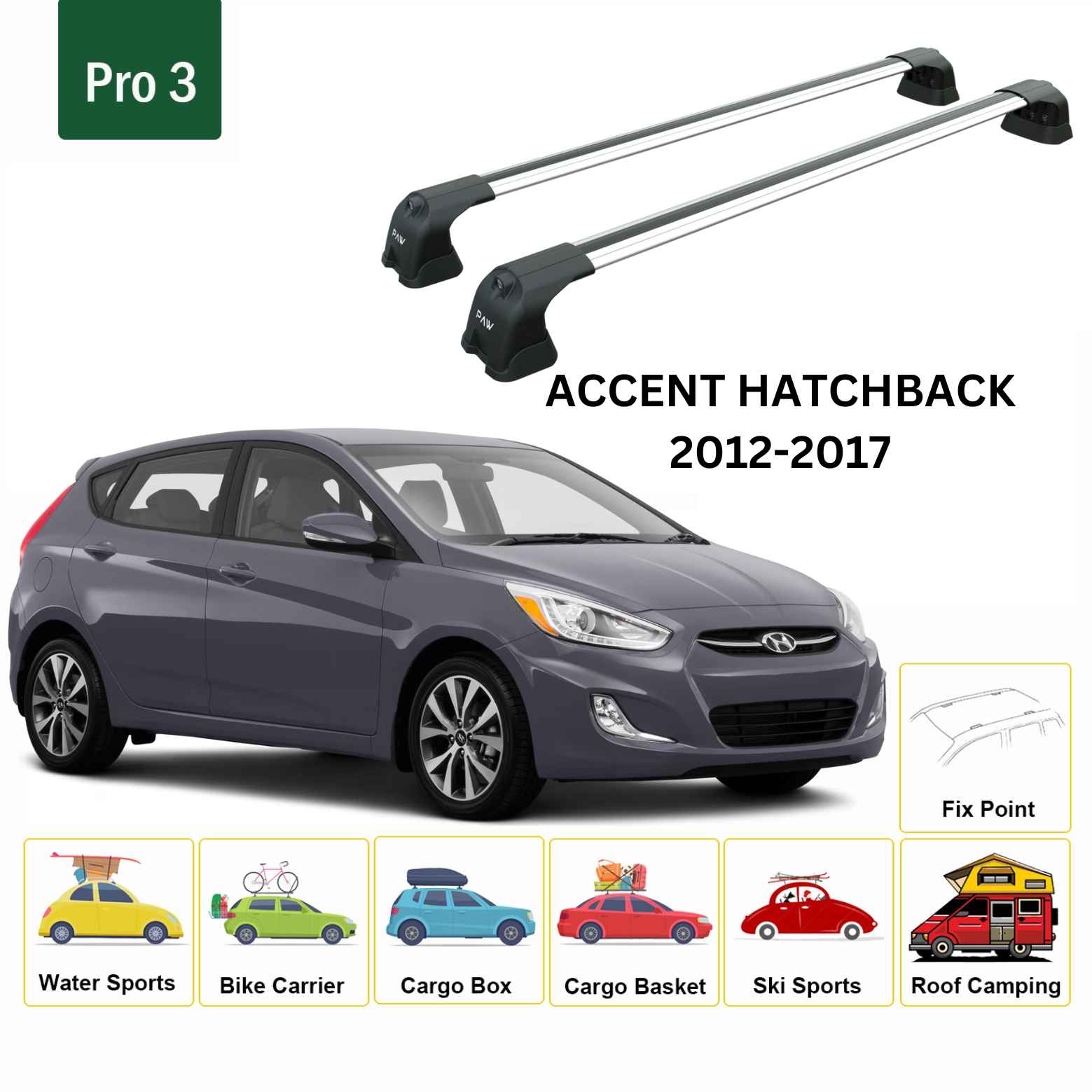 For Hyundai Accent HB 2012-17 Roof Rack Cross Bars Fix Point Alu Silver - 0