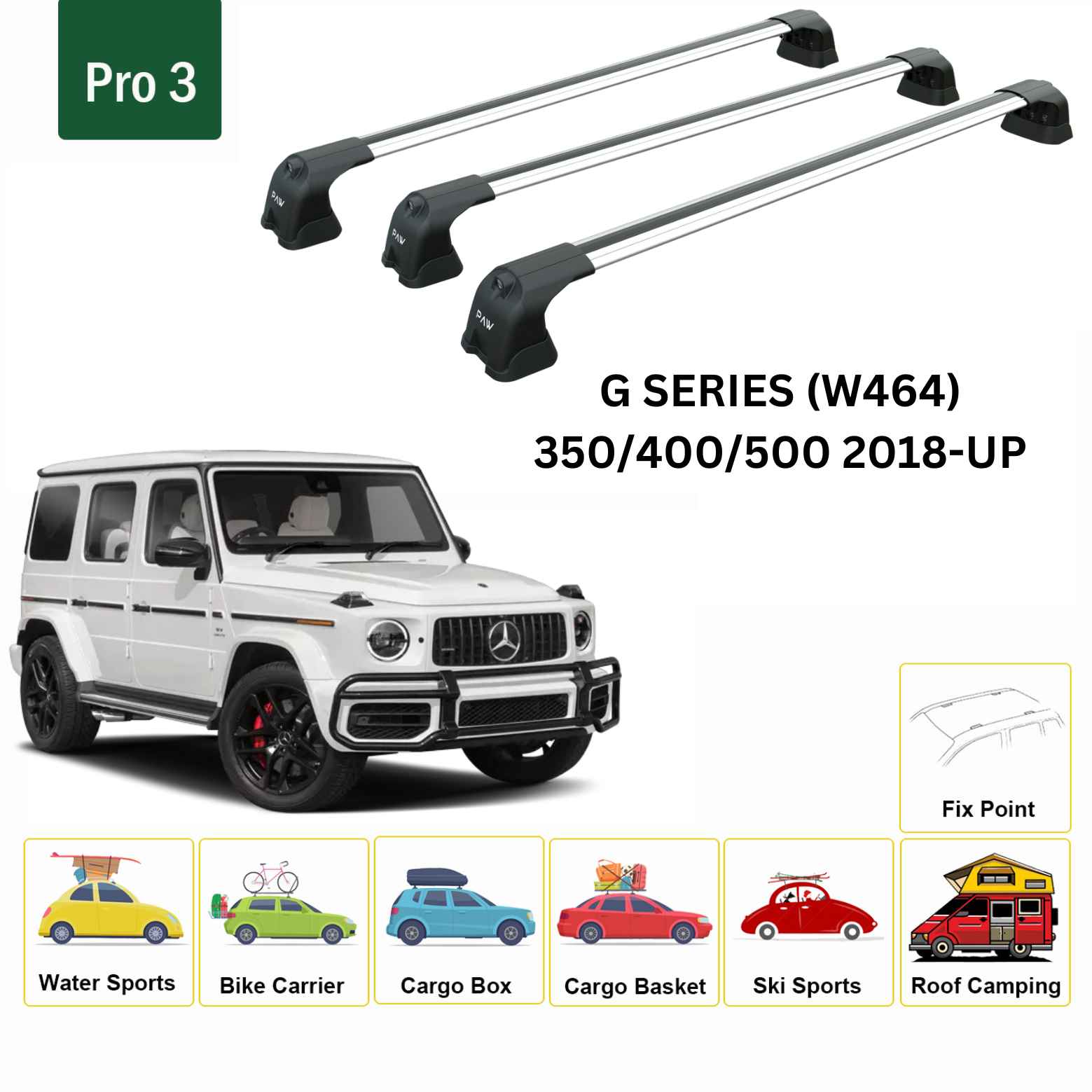 For Mercedes G (W464) 2018-Up Roof Rack Cross Bars Fix Point Alu Silver - 0