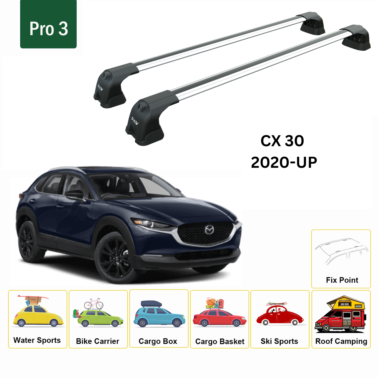 For Mazda CX 30 S 2020-Up Roof Rack Cross Bars Fix Point Alu Silver - 0