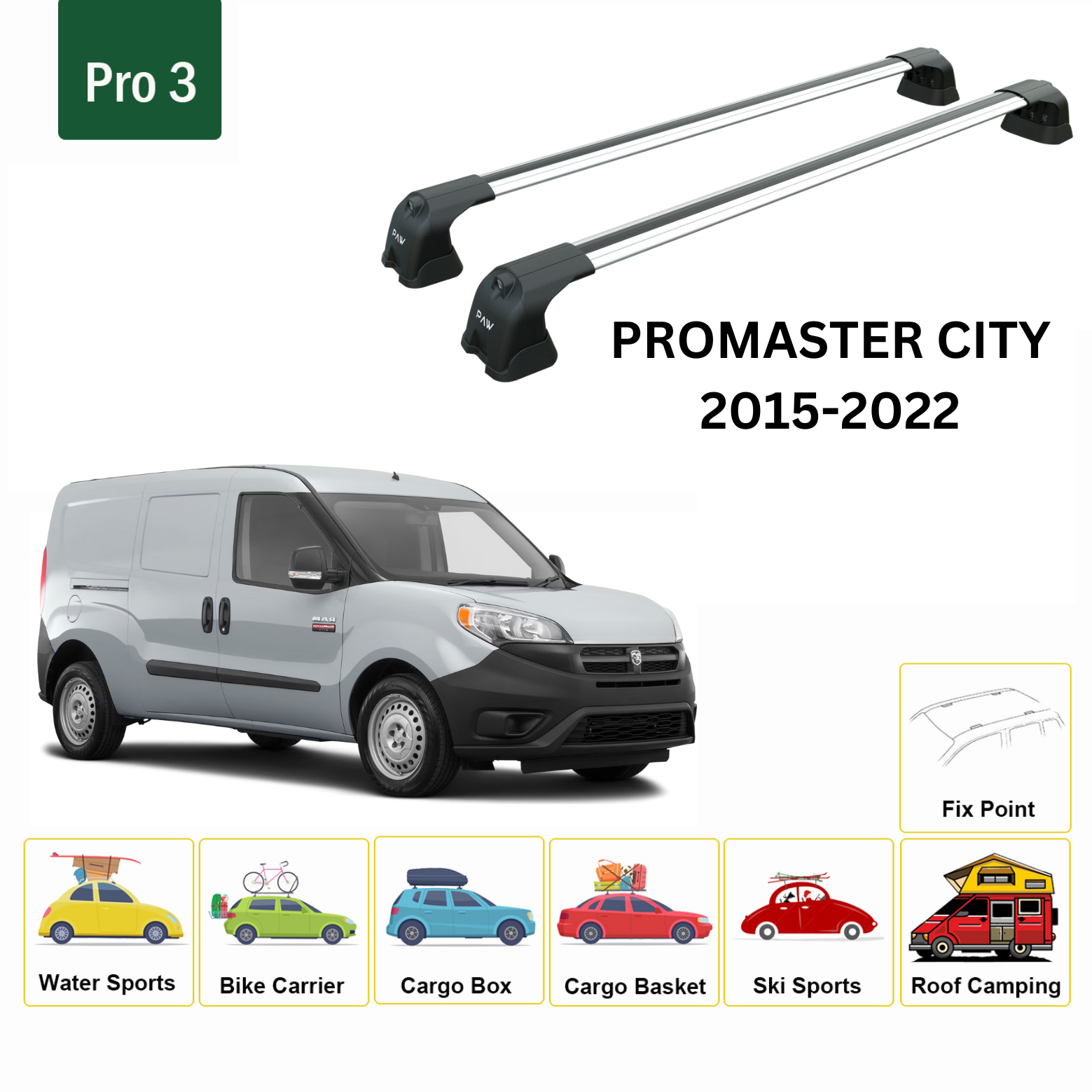 For Chevrolet Promaster City 2015-22 Roof Rack Cross Bars Metal Bracket Fix Point Alu Silver