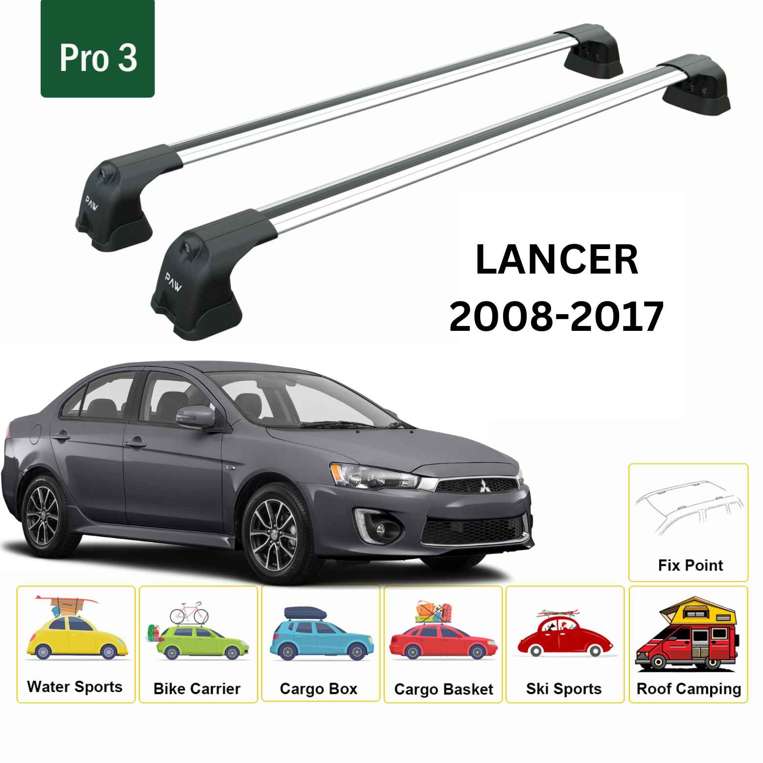 For Mitsubishi Lancer Sedan 2008-17 Roof Rack Cross Bars FIx Point Alu Silver
