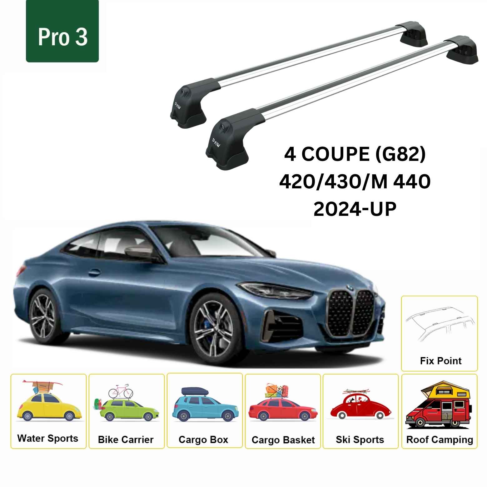 For BMW 4 Coupe (G82) 2024-Up Roof Rack Cross Bars Fix Point Alu Silver