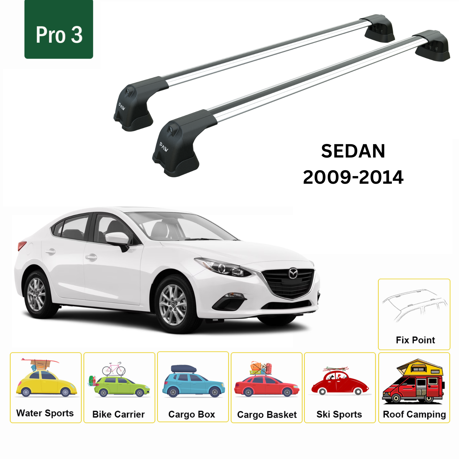 Für Mazda 3 Series Sedan 2009–2014, Dachträgersystem, Träger, Querträger, Aluminium, abschließbar, hochwertige Metallhalterung, silberfarben