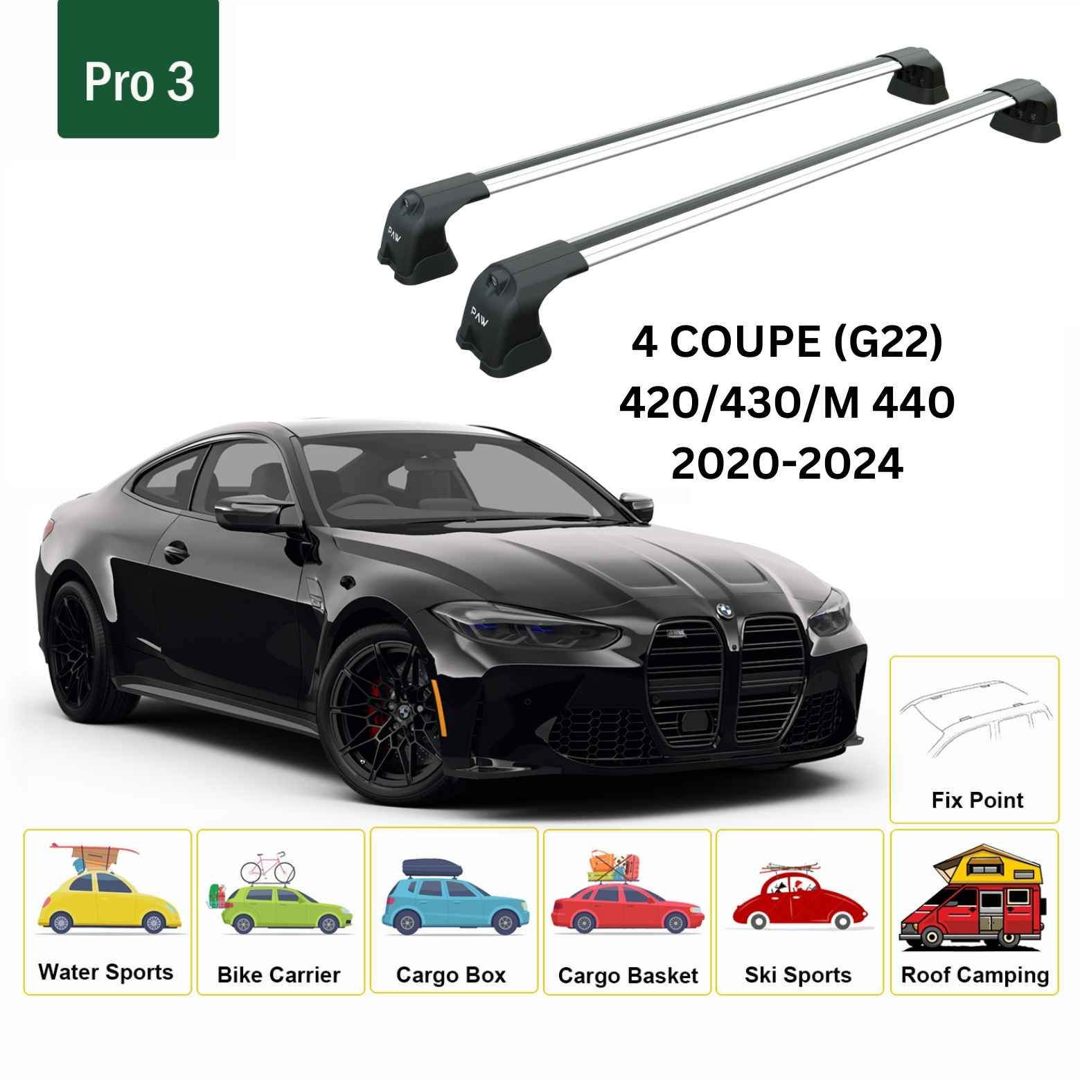 For BMW 4 Coupe (G22) 2020-24 Roof Rack Cross Bars Fix Point Alu Silver