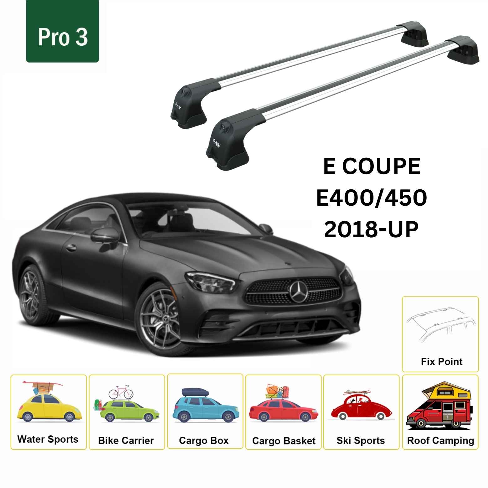 For Mercedes Benz E Coupe C238 2018-Up Roof Rack Cross Bars Fix Point Alu Silver - 0