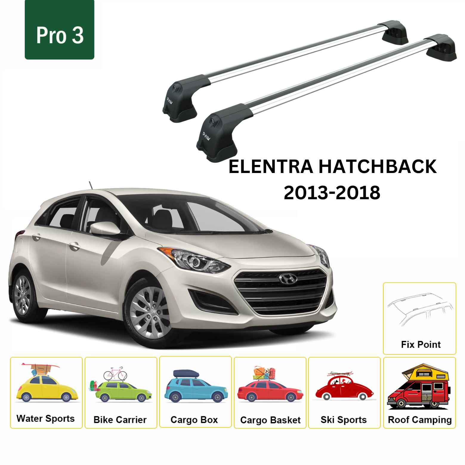For Hyundai Elantra HB 2013-18 Roof Rack Cross Bars Fix Point Alu Silver - 0