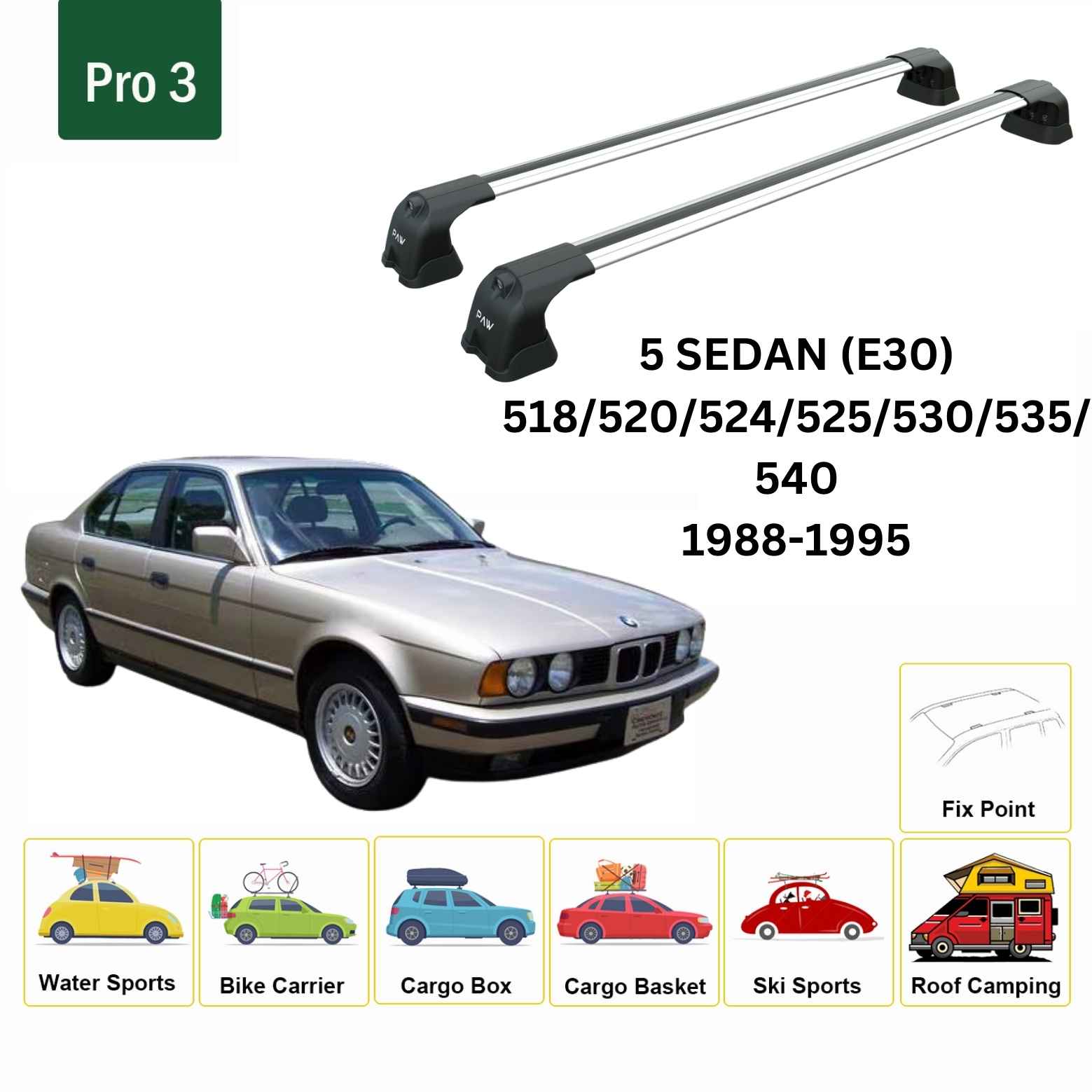 For BMW 5 Sedan (E30) 1988-95 Roof Rack Cross Bars Fix Point Alu Silver