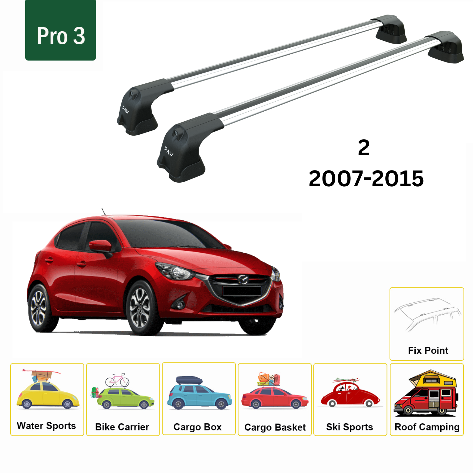 For Mazda 2 Series 2007-15 Roof Rack Cross Bars Metal Bracket Fix Point Alu Silver-2