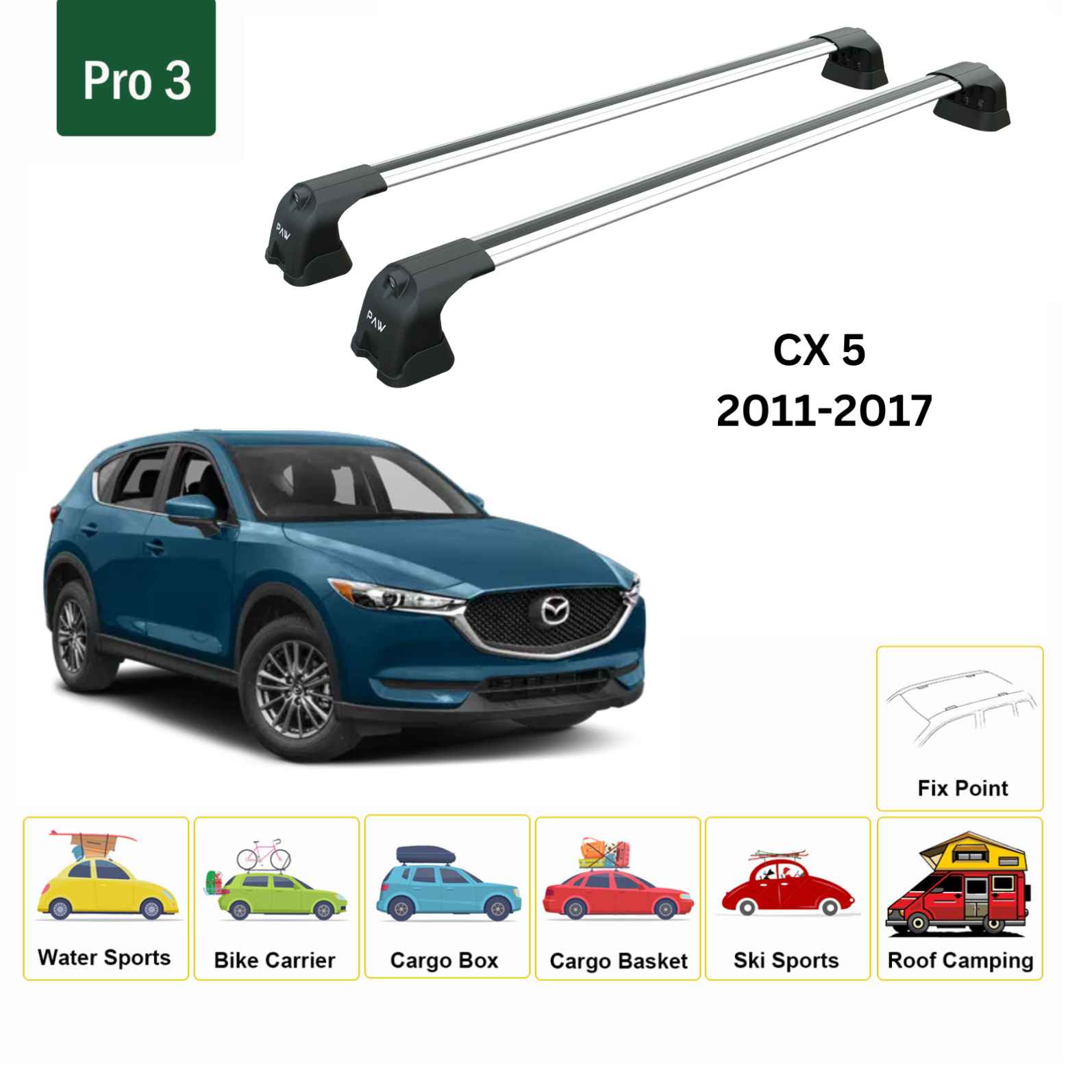 For Mazda CX-5 KE 2011-17 Roof Rack Cross Bars Fix Point Alu Silver - 0