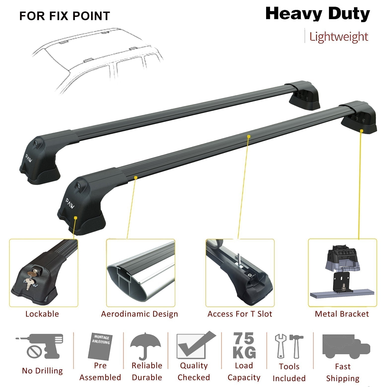 For Volkswagen Caddy IV 2015-20 Roof Rack Cross Bar Metal Bracket Fix Point Alu Black